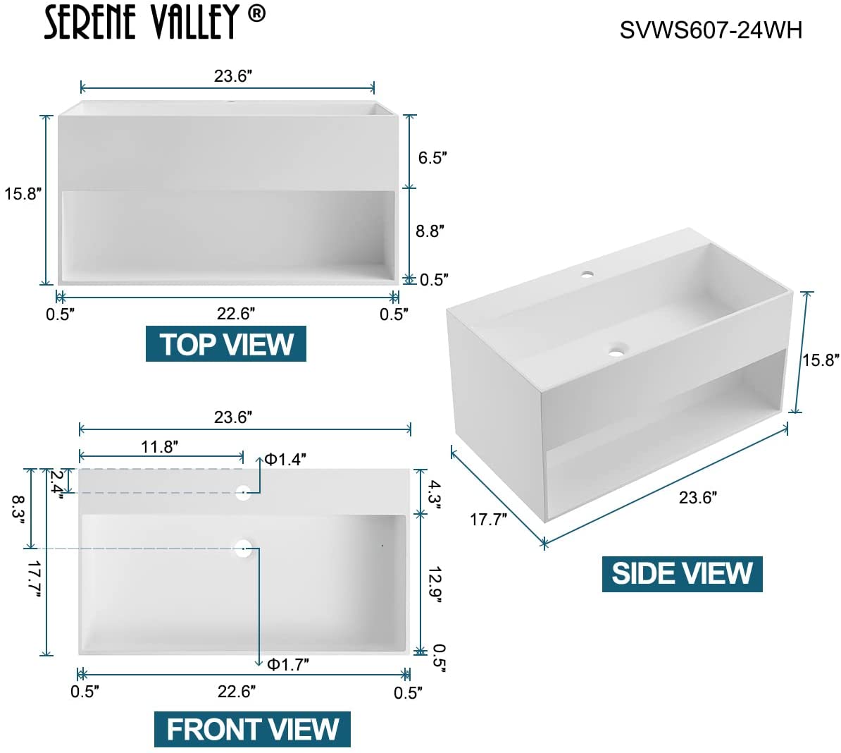 Serene Valley Bathroom Floating Vanity, 24" Wall-Mount Sink with Built-in Towel Space, Solid Surface Material in Matte White, SVWS607-24WH-Serene Valley