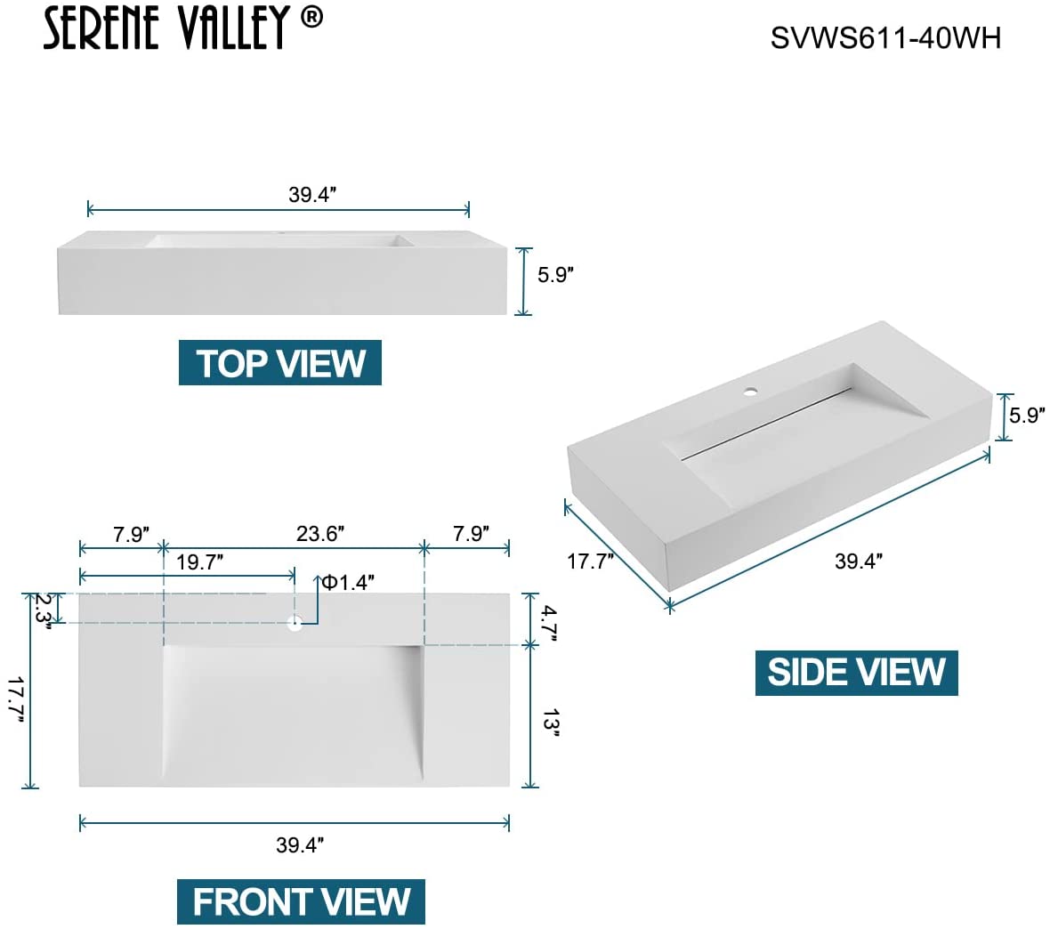 Serene Valley Floating or Countertop Bathroom Sink, Special Wedge with Hidden Drain Design, 40" Solid Surface Material in Matte White, SVWS611-40WH-Serene Valley