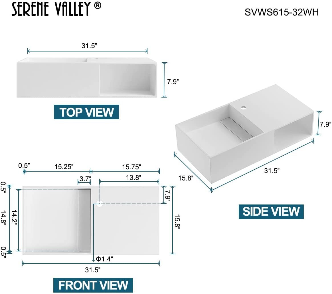 Serene Valley Bathroom Floating Vanity, 32" Wall-Mount Sink with Side Faucet and Storage Space, Solid Surface Material in Matte White, SVWS615-32WH-Serene Valley