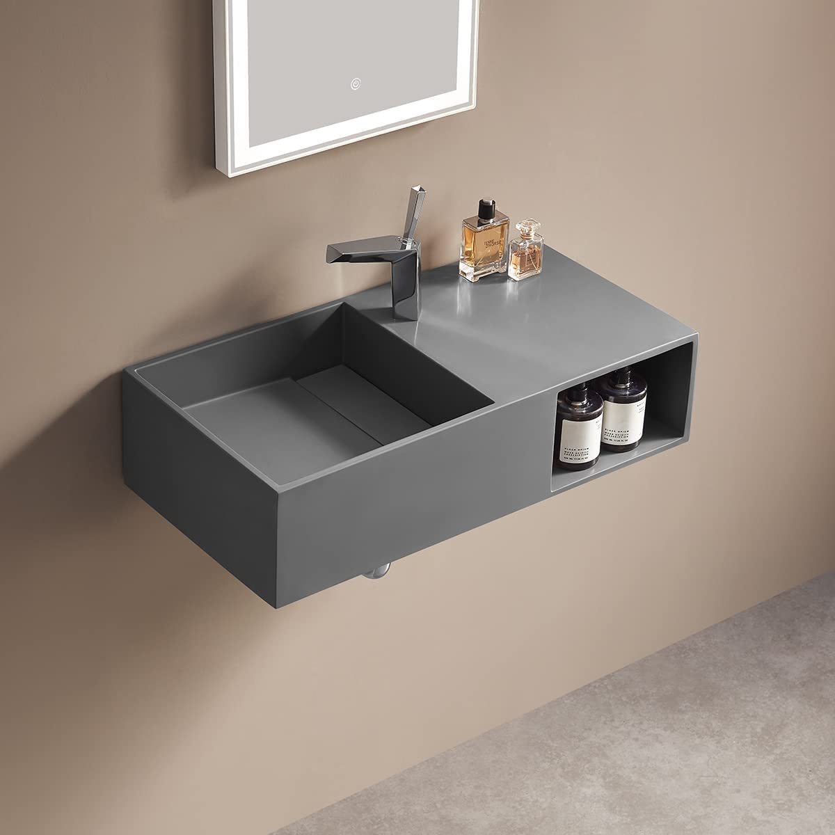 Serene Valley Bathroom Floating Vanity, 32" Wall-Mount Sink with Side Faucet and Storage Space, Solid Surface Material in Matte Gray, SVWS615-32GR-Serene Valley