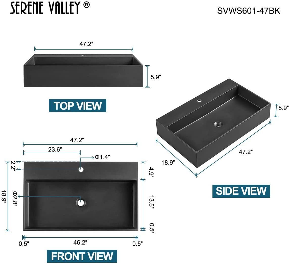 Serene Valley Bathroom Sink, Wall-Mount Install or On Countertop, 47" with Single Faucet Hole, Premium Granite Material in Matte Black-Serene Valley