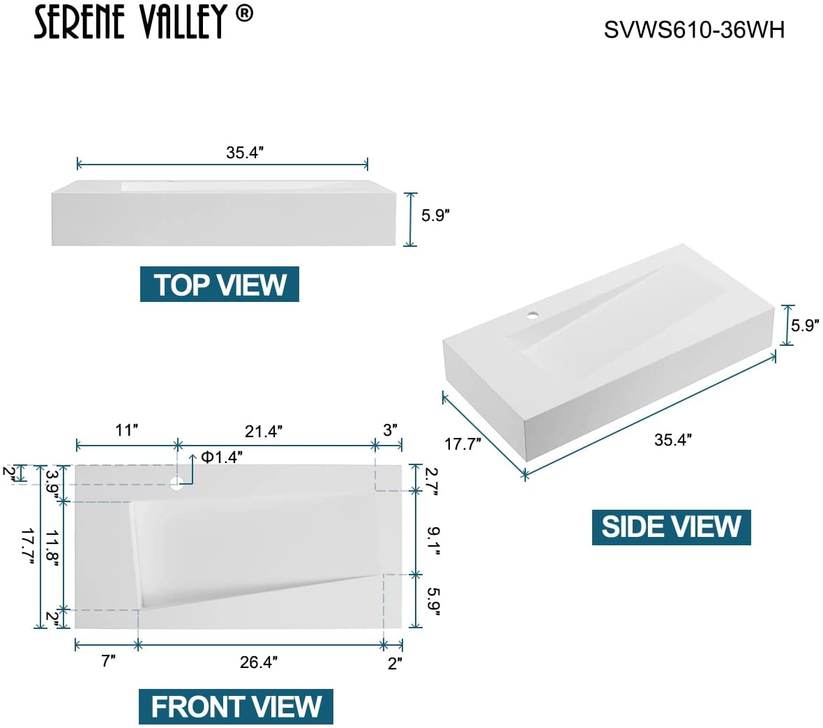 Serene Valley Floating or Countertop Bathroom Sink, Unique Diamond Sink with Hidden Drain, 36" Solid Surface Material in Matte White, SVWS610-36WH-Serene Valley