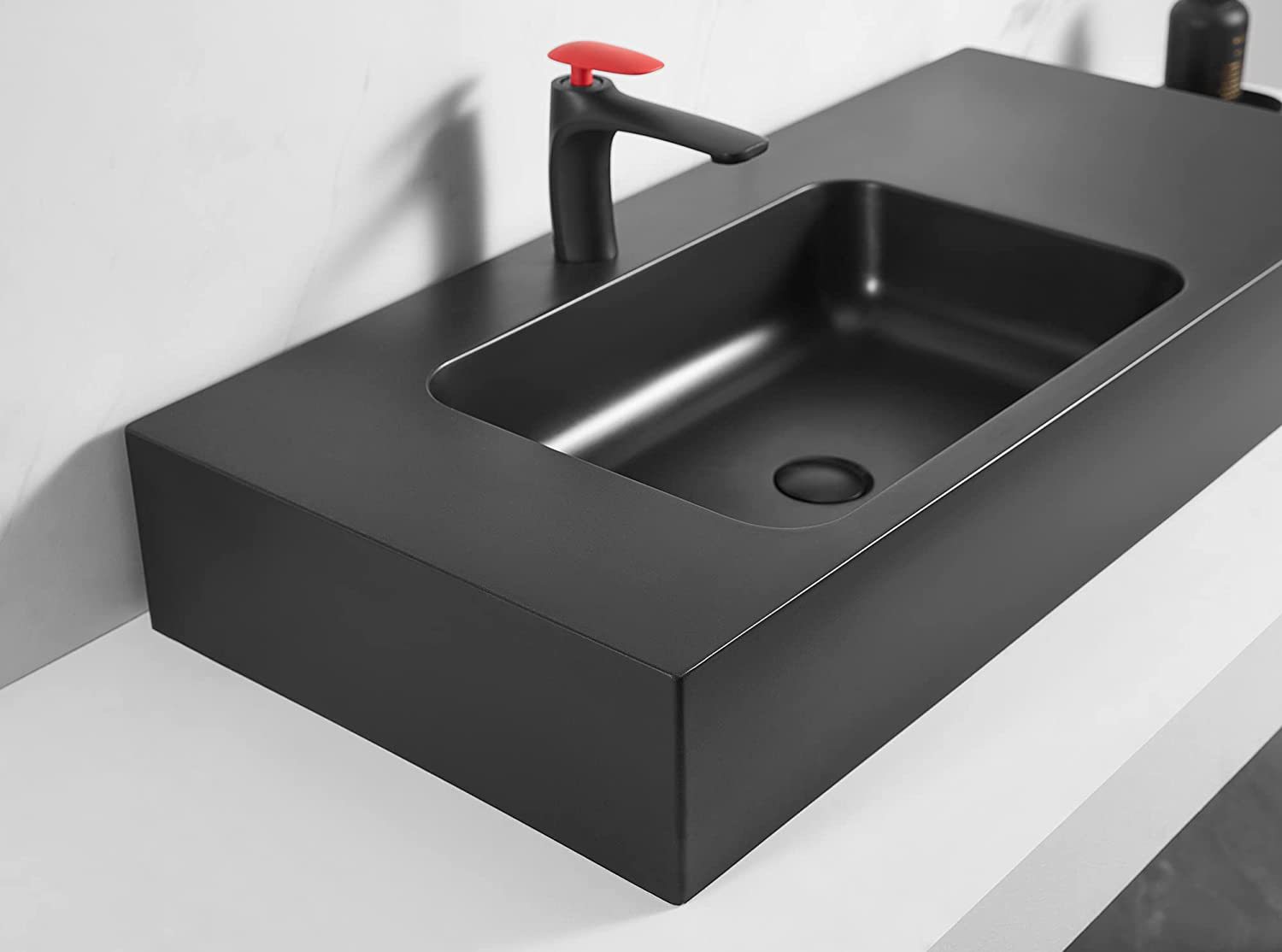 Serene Valley Bathroom Sink, Wall-Mount or On Countertop, 47" with Square Sink and Flat Space, Single Faucet Hole, Premium Granite Material in Matte Black-Serene Valley