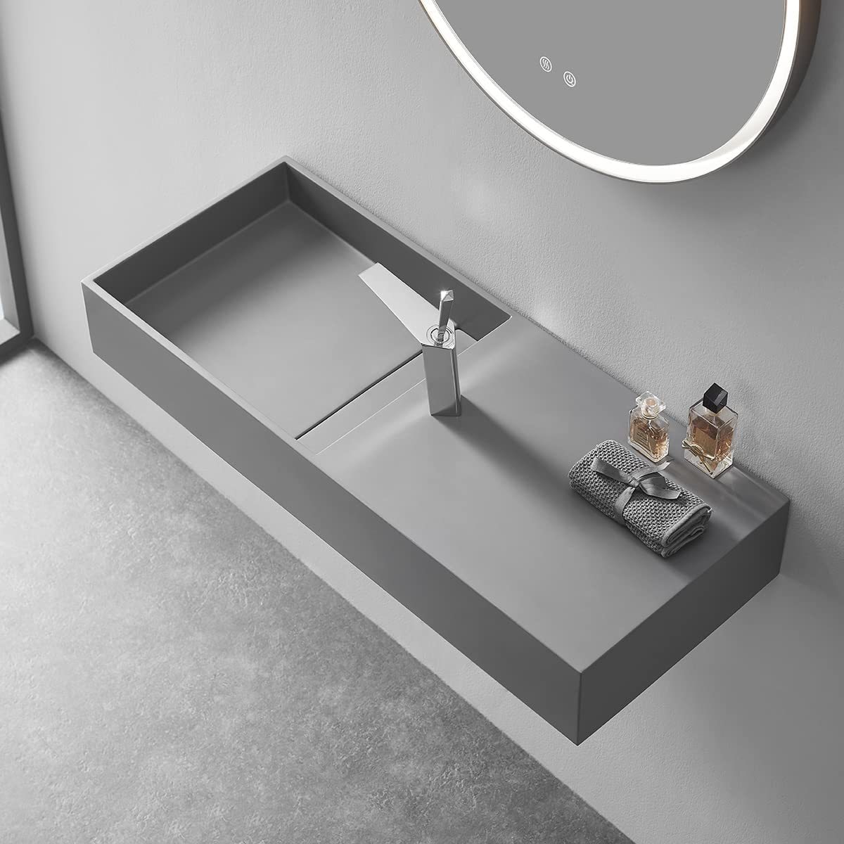 Serene Valley Floating or Countertop Bathroom Sink, Side Faucet with Square Sink and Hidden Drain, 32" Solid Surface Material in Matte Gray, SVWS613-32GR-Serene Valley