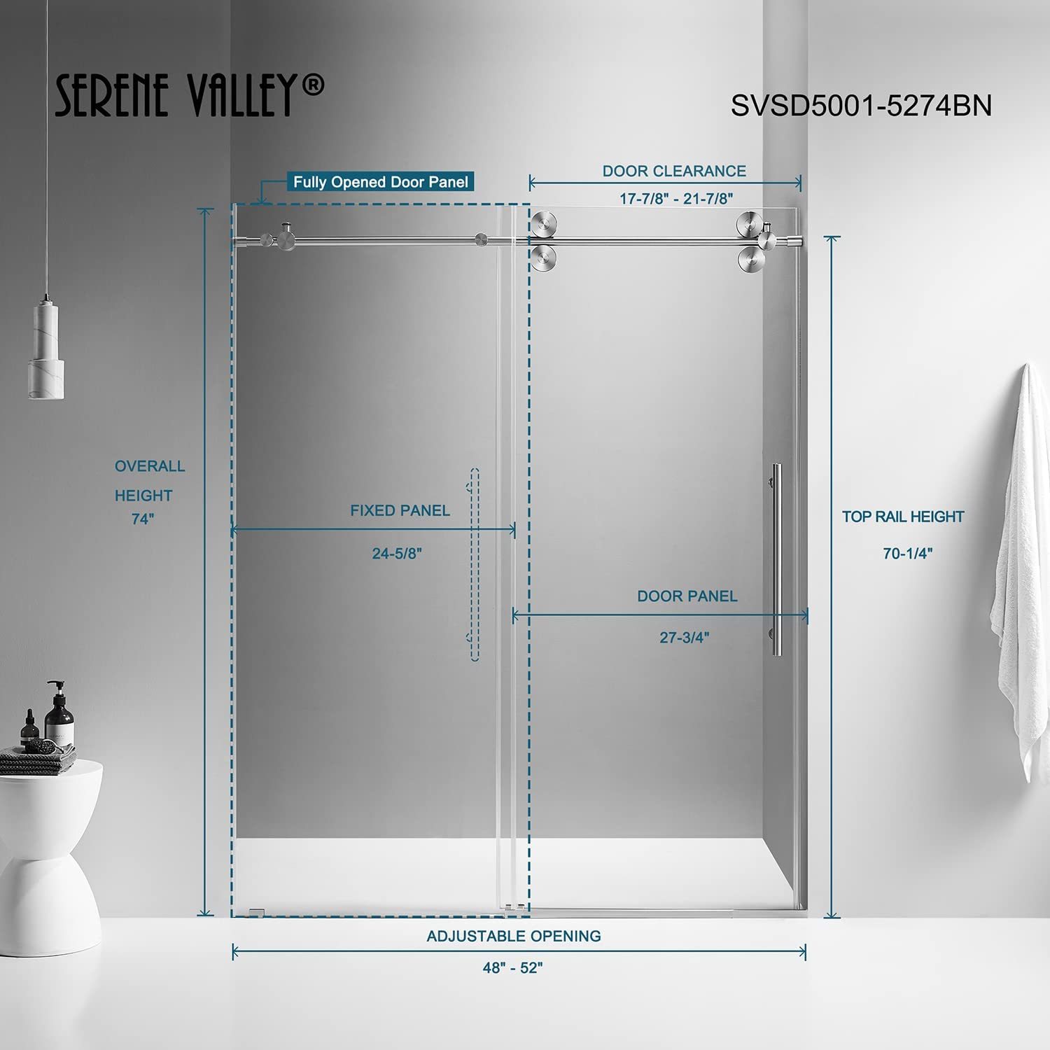 Serene Valley SVSD5001-5274BN Big Roller Frameless Sliding Shower Door - Superclear 3/8" Tempered Glass - 304 Stainless Steel Hardware in Brushed Nickel 48"- 52"W x 74"H-Serene Valley
