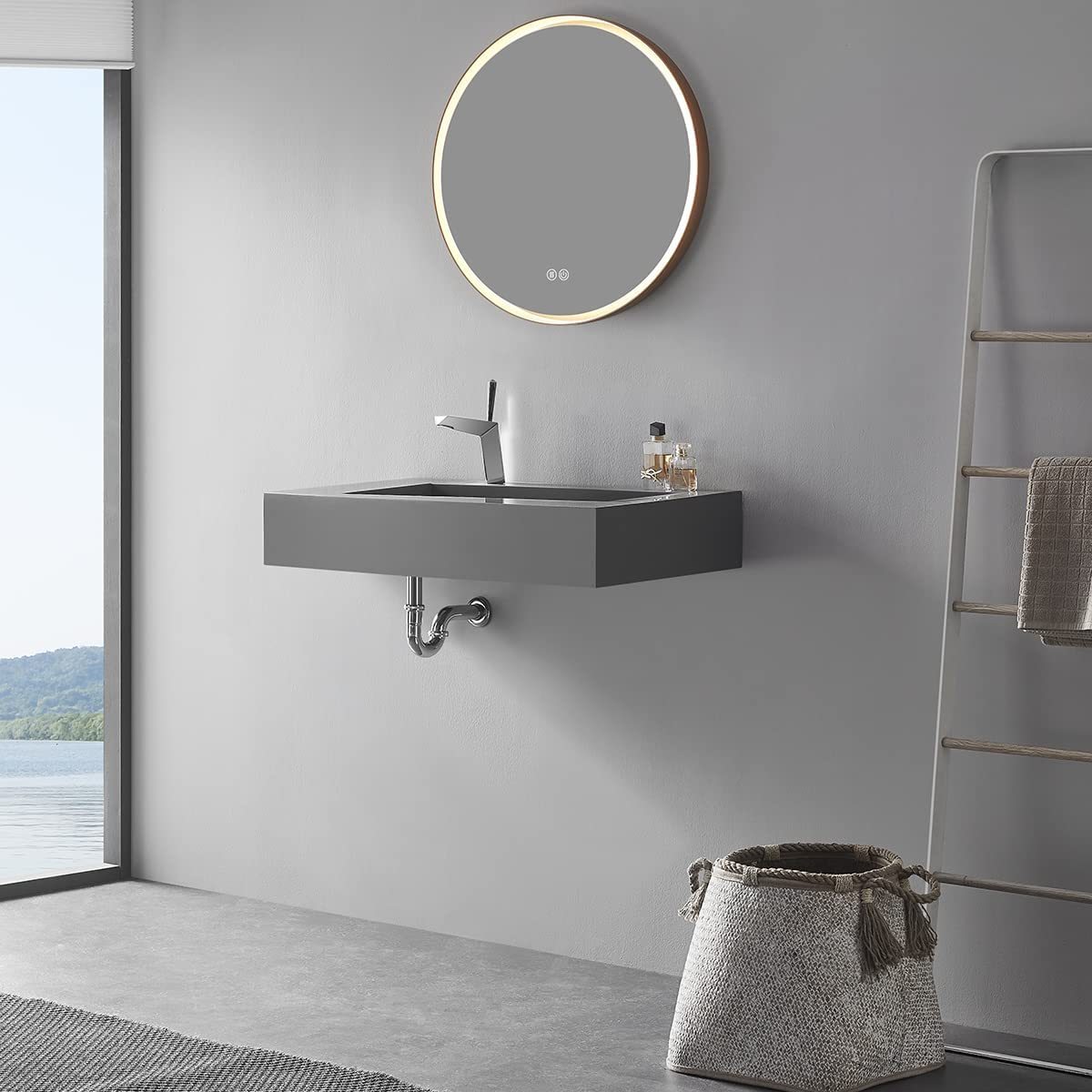 Serene Valley Floating or Countertop Bathroom Sink, Unique Diamond Sink with Hidden Drain, 36" Solid Surface Material in Matte Gray, SVWS610-36GR-Serene Valley