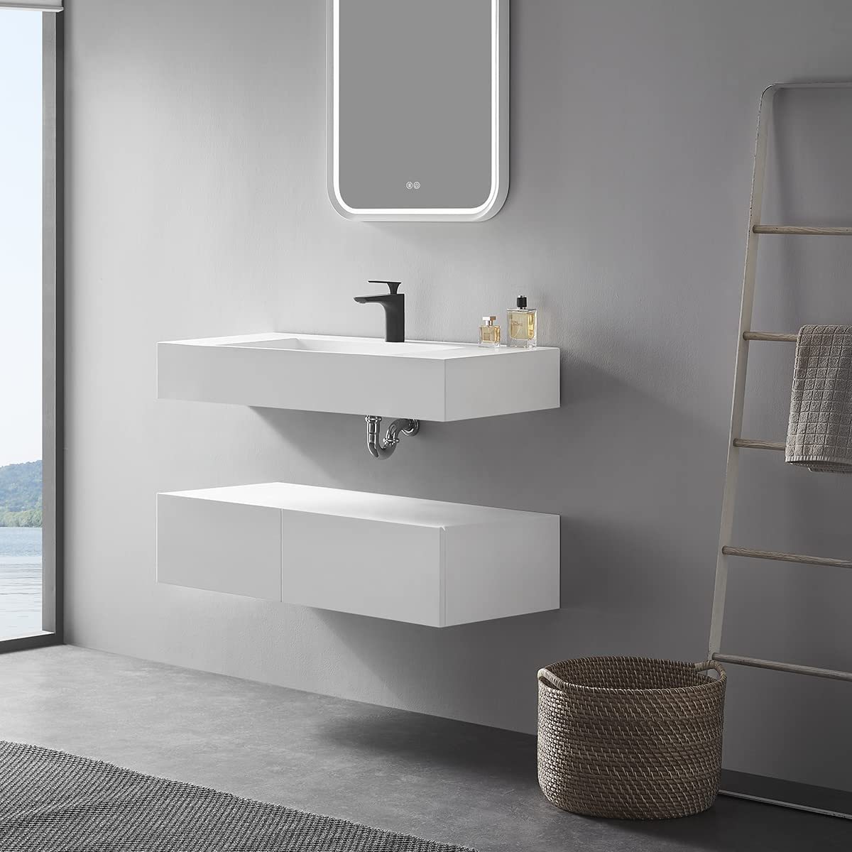 Serene Valley Floating or Countertop Bathroom Sink, Special Wedge with Hidden Drain Design, 40" Solid Surface Material in Matte White, SVWS611-40WH-Serene Valley