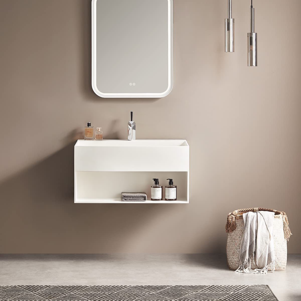 Serene Valley Bathroom Floating Vanity, 32" Wall-Mount Sink with Built-in Towel Space, Solid Surface Material in Matte White, SVWS607-32WH-Serene Valley