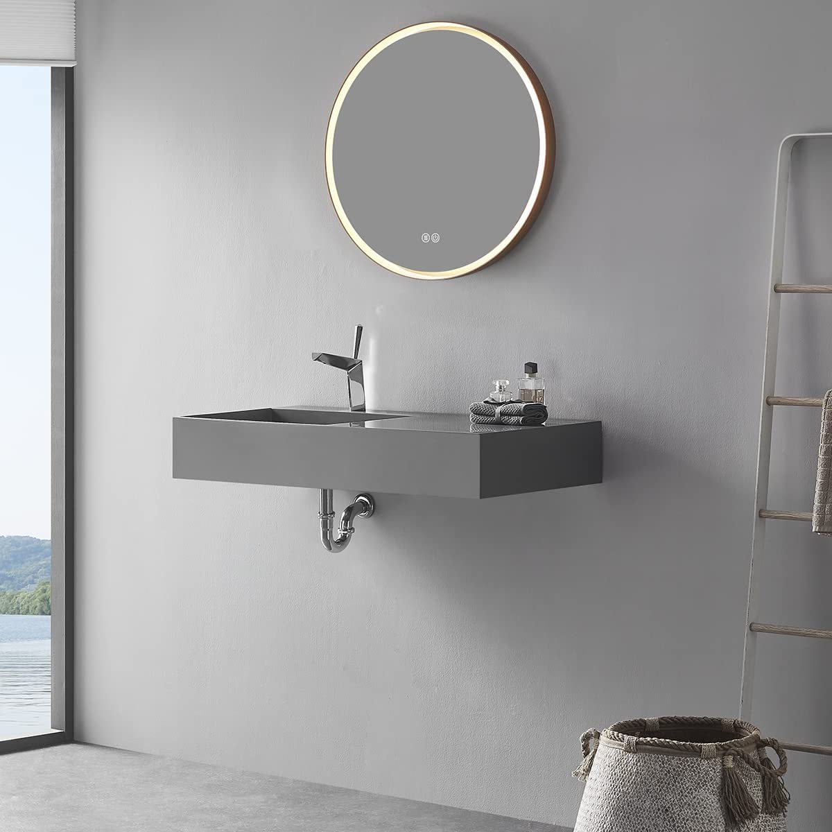 Serene Valley Floating or Countertop Bathroom Sink, Large Square Sink with Hidden Drain, 40" Solid Surface Material in Matte Gray, SVWS614-40GR-Serene Valley