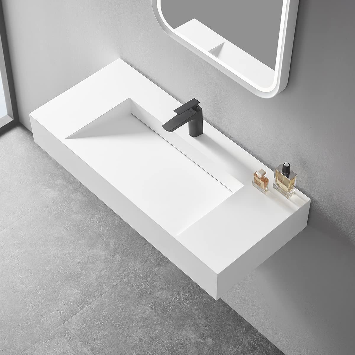 Serene Valley Floating or Countertop Bathroom Sink, Special Wedge with Hidden Drain Design, 40" Solid Surface Material in Matte White, SVWS611-40WH-Serene Valley