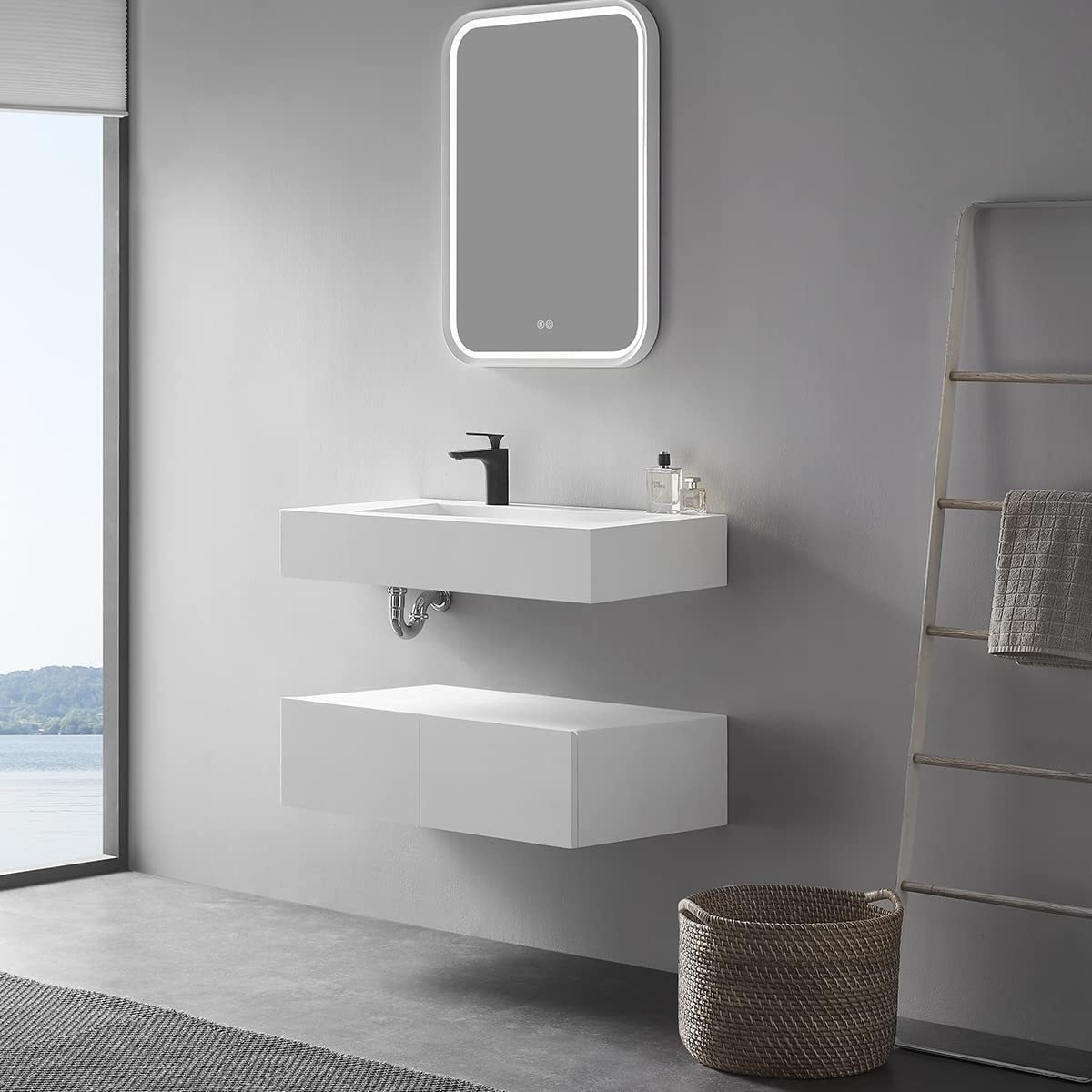 Serene Valley Floating or Countertop Bathroom Sink, Unique Diamond Sink with Hidden Drain, 36" Solid Surface Material in Matte White, SVWS610-36WH-Serene Valley