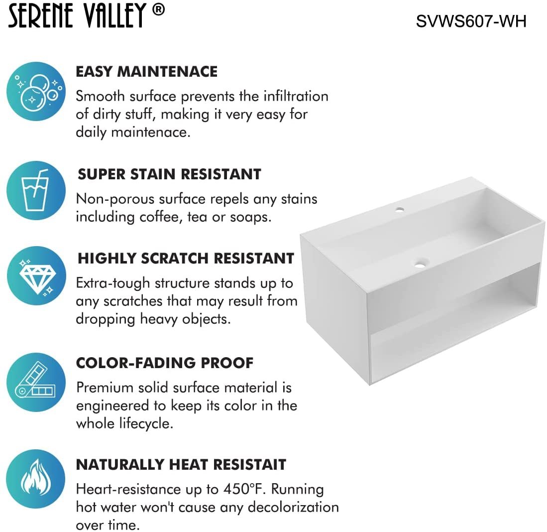 Serene Valley Bathroom Floating Vanity, 32" Wall-Mount Sink with Built-in Towel Space, Solid Surface Material in Matte White, SVWS607-32WH-Serene Valley