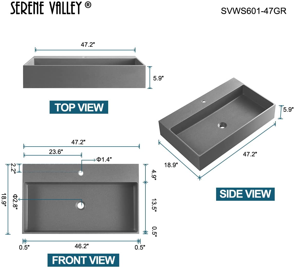 Serene Valley Bathroom Sink, Wall-Mount Install or On Countertop, 47" with Single Faucet Hole, Premium Granite Material in Matte Gray-Serene Valley