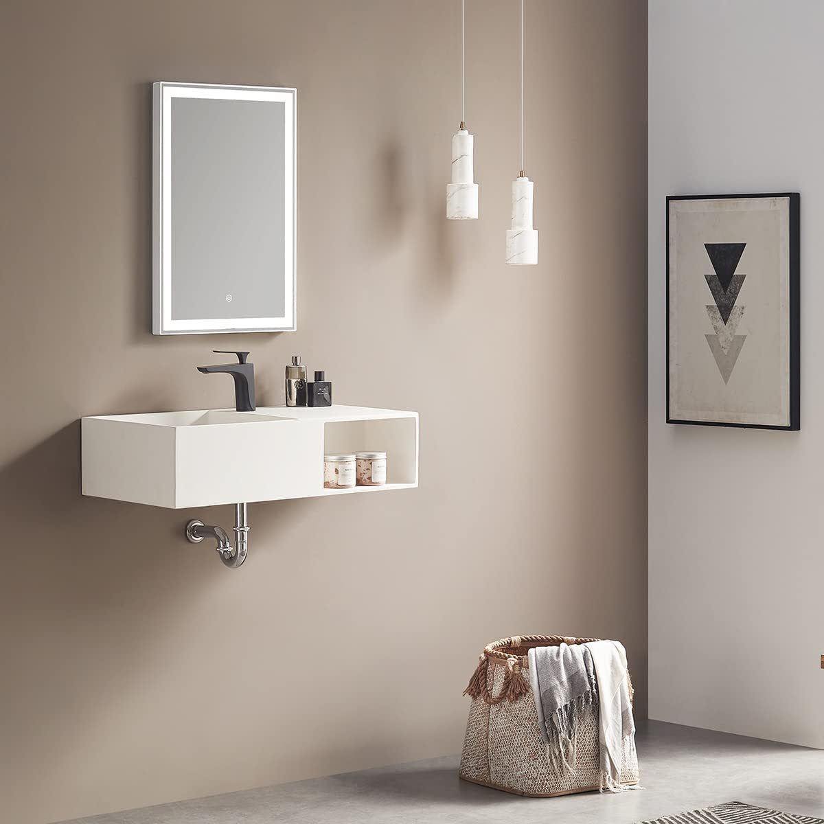 Serene Valley Bathroom Floating Vanity, 32" Wall-Mount Sink with Side Faucet and Storage Space, Solid Surface Material in Matte White, SVWS615-32WH-Serene Valley