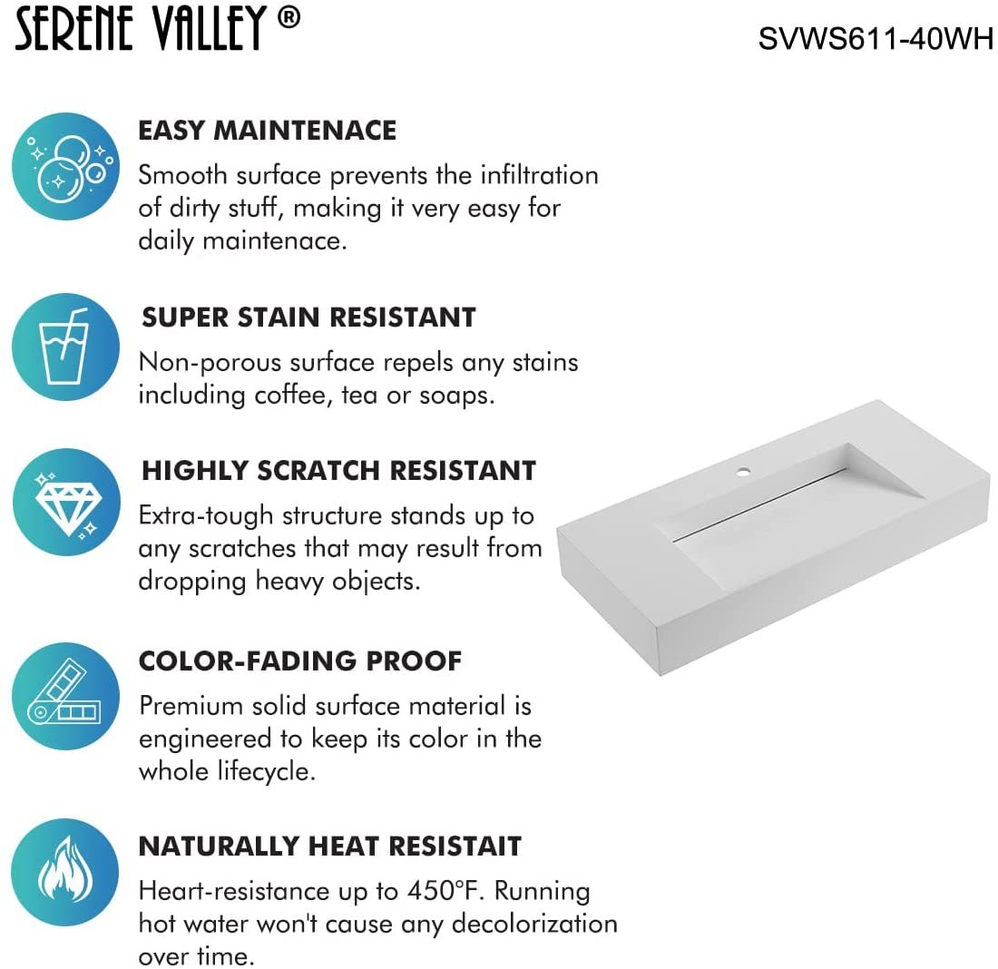 Serene Valley Floating or Countertop Bathroom Sink, Special Wedge with Hidden Drain Design, 40" Solid Surface Material in Matte White, SVWS611-40WH-Serene Valley