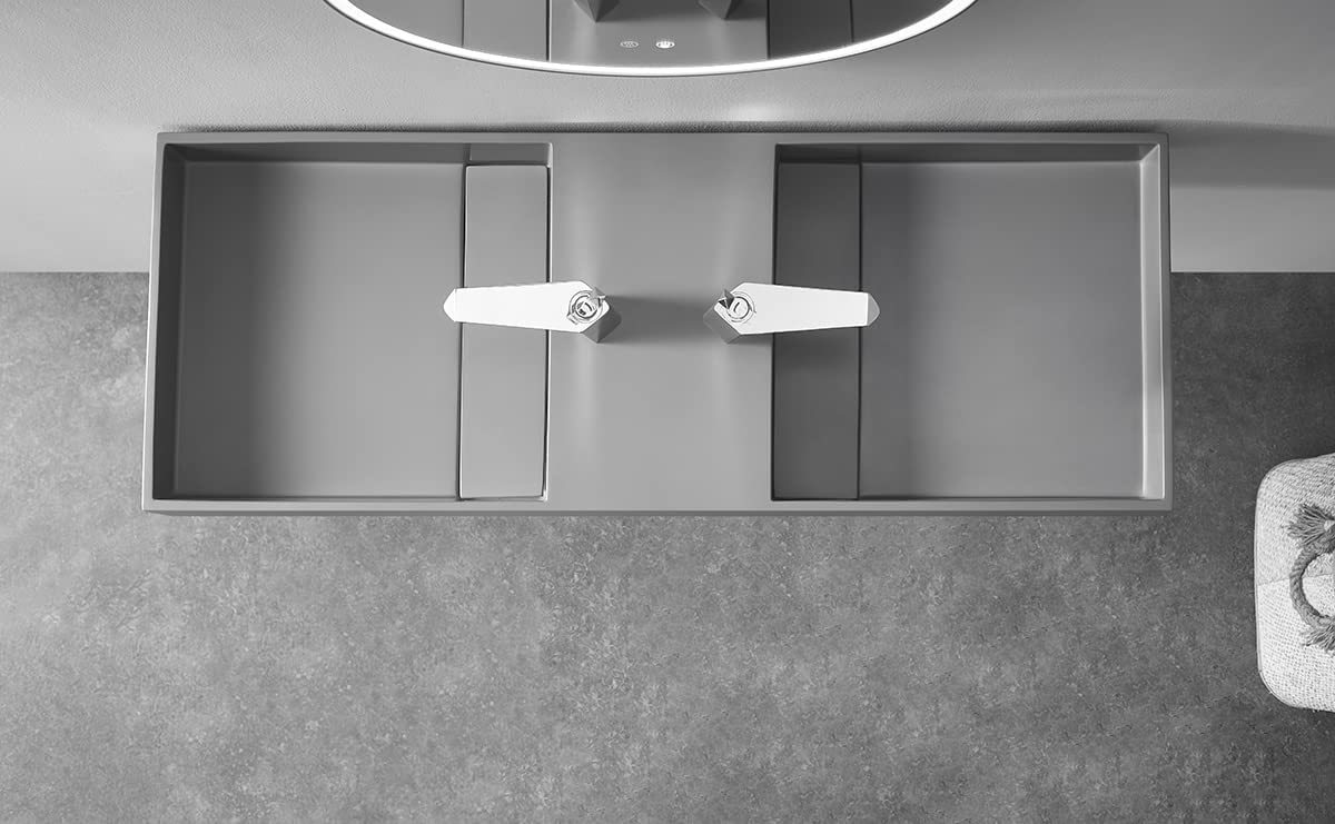 Serene Valley Floating or Countertop Bathroom Double Sink, Two Faucet Holes with Hidden Drain Design, 40" Solid Surface Material in Matte Gray, SVWS608-40GR-Serene Valley