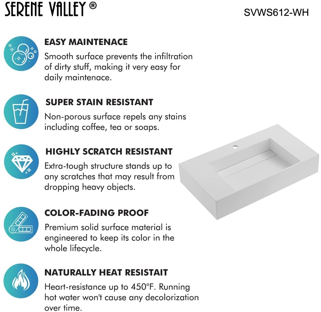 Serene Valley Floating or Countertop Bathroom Sink, Classic Square Sink with Hidden Drain Design, 40" Solid Surface Material in Matte White, SVWS612-40WH-Serene Valley