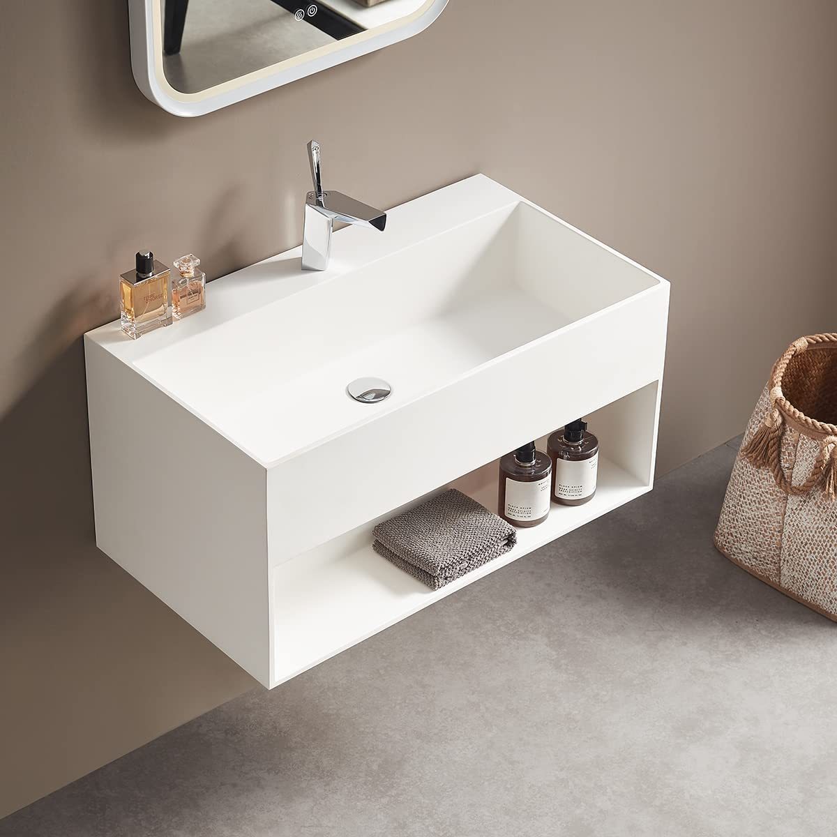 Serene Valley Bathroom Floating Vanity, 32" Wall-Mount Sink with Built-in Towel Space, Solid Surface Material in Matte White, SVWS607-32WH-Serene Valley