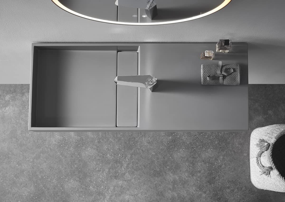 Serene Valley Floating or Countertop Bathroom Sink, Side Faucet with Square Sink and Hidden Drain, 32" Solid Surface Material in Matte Gray, SVWS613-32GR-Serene Valley