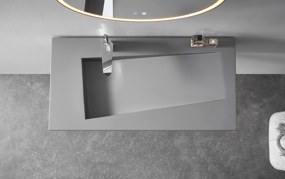 Serene Valley Floating or Countertop Bathroom Sink, Unique Diamond Sink with Hidden Drain, 36" Solid Surface Material in Matte Gray, SVWS610-36GR-Serene Valley