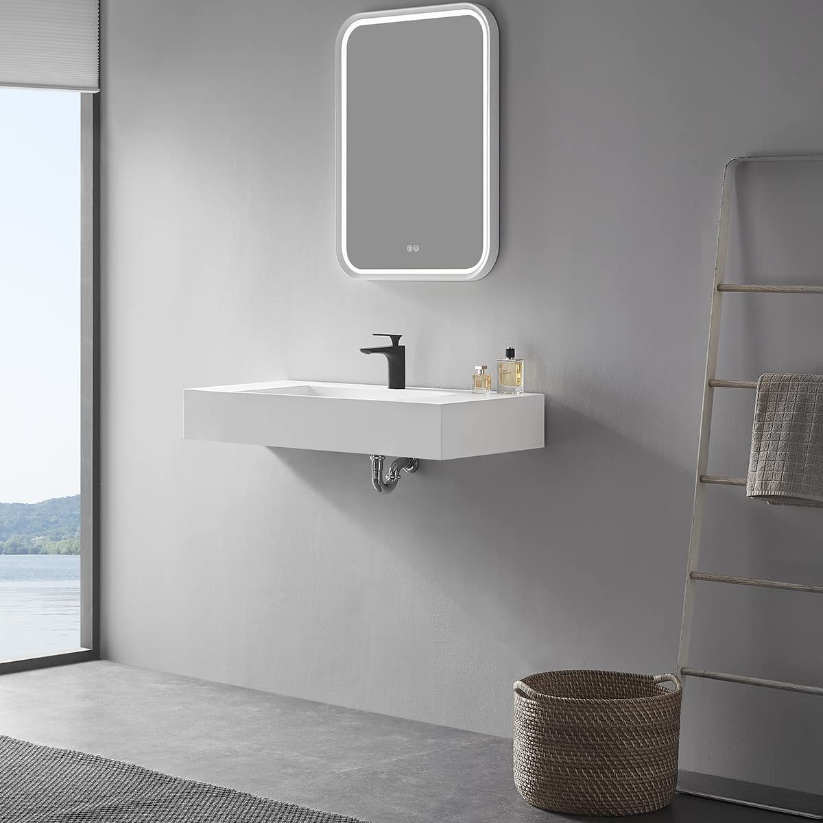 Serene Valley Floating or Countertop Bathroom Sink, Special Wedge with Hidden Drain Design, 40" Solid Surface Material in Matte White, SVWS611-40WH-Serene Valley