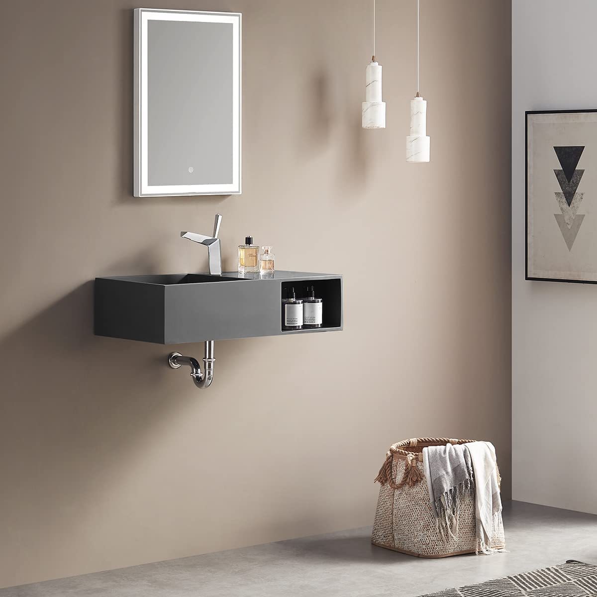 Serene Valley Bathroom Floating Vanity, 32" Wall-Mount Sink with Side Faucet and Storage Space, Solid Surface Material in Matte Gray, SVWS615-32GR-Serene Valley