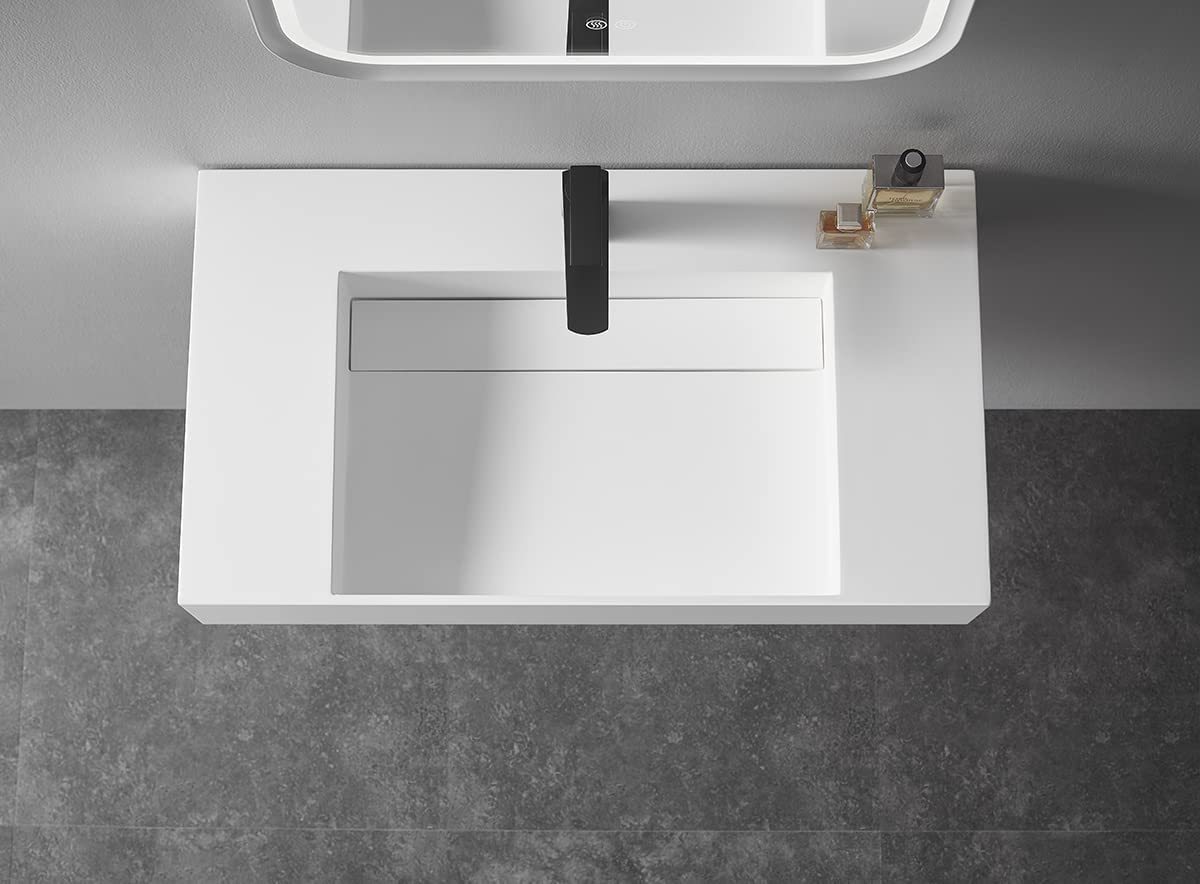 Serene Valley Floating or Countertop Bathroom Sink, Classic Square Sink with Hidden Drain Design, 32" Solid Surface Material in Matte White, SVWS612-32WH-Serene Valley