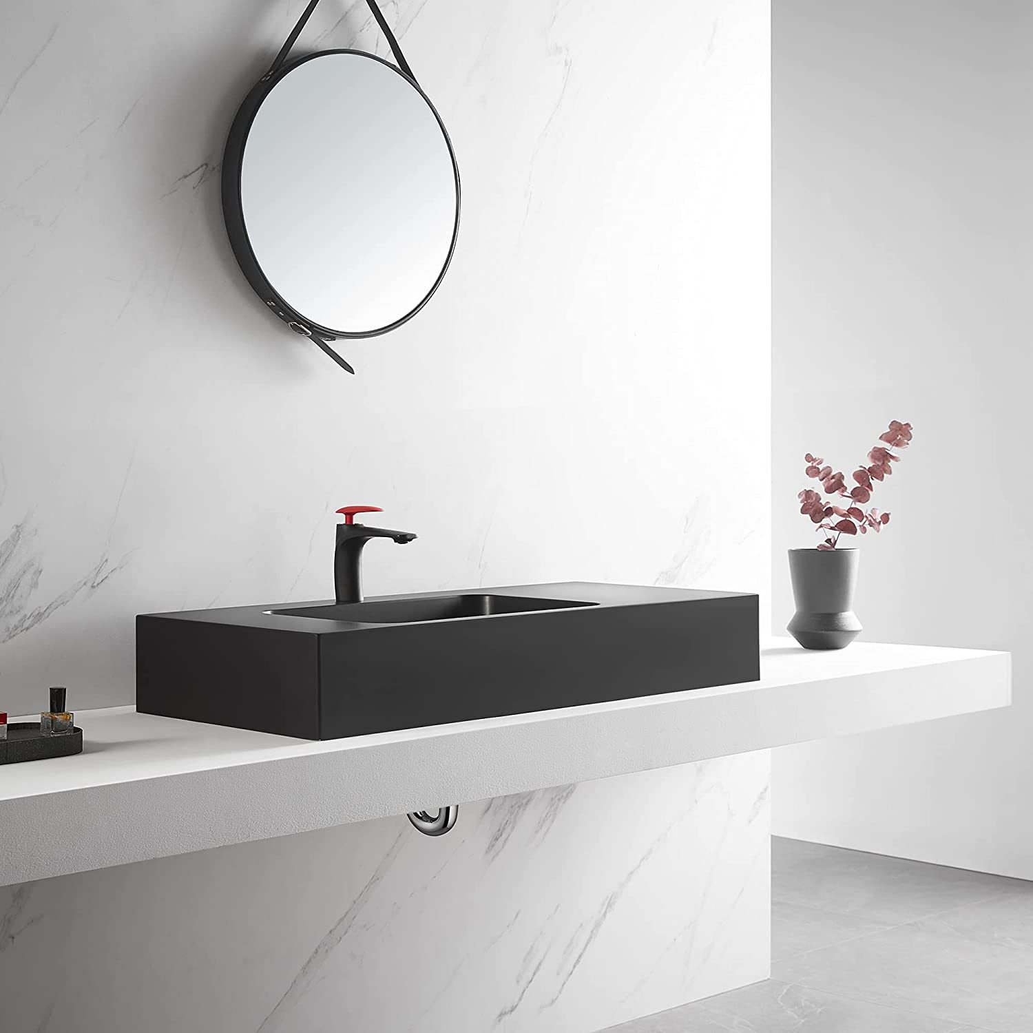 Serene Valley Bathroom Sink, Wall-Mount or On Countertop, 47" with Square Sink and Flat Space, Single Faucet Hole, Premium Granite Material in Matte Black-Serene Valley