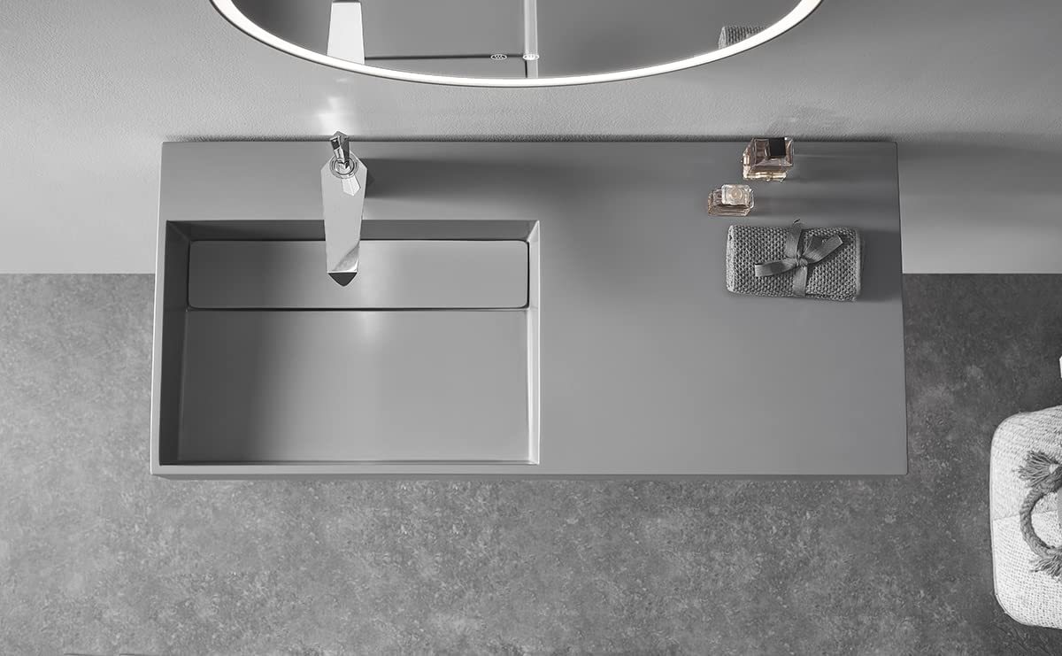 Serene Valley Floating or Countertop Bathroom Sink, Large Square Sink with Hidden Drain, 40" Solid Surface Material in Matte Gray, SVWS614-40GR-Serene Valley