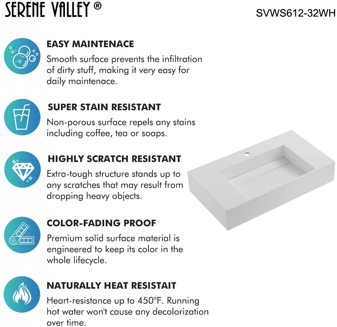Serene Valley Floating or Countertop Bathroom Sink, Classic Square Sink with Hidden Drain Design, 32" Solid Surface Material in Matte White, SVWS612-32WH-Serene Valley