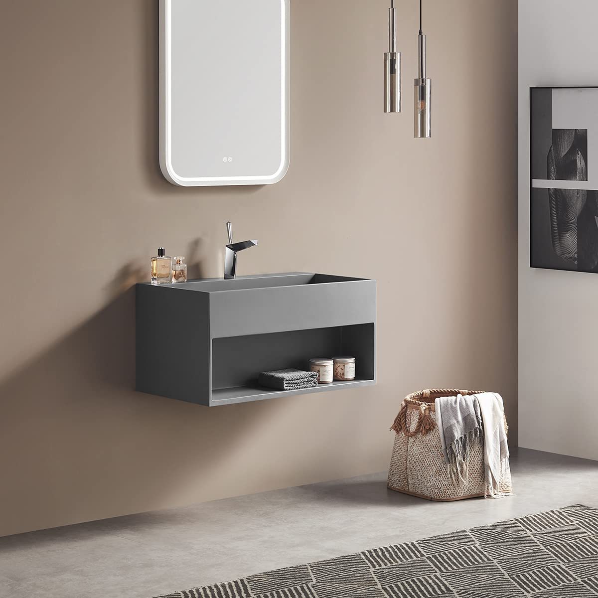 Serene Valley Bathroom Floating Vanity, 32" Wall-Mount Sink with Built-in Towel Space, Solid Surface Material in Matte Gray, SVWS607-32GR-Serene Valley