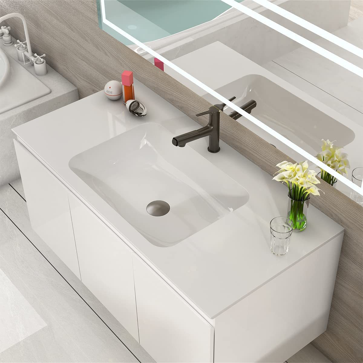 Serene Valley Bathroom Floating Vanity with Hinged Cabinet, Square Sink Bowl with Matching Pop-Up Strainer, 40" Solid Surface Material in Matte White, SVWS617-40WH-Serene Valley