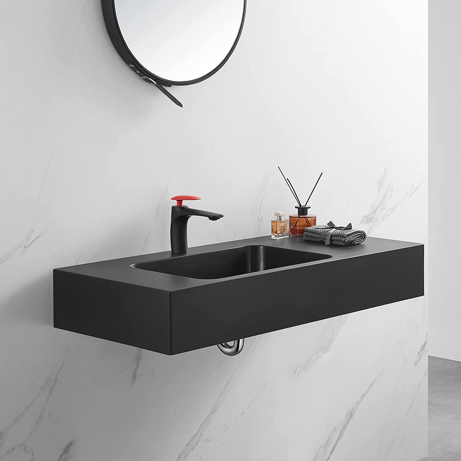 Serene Valley Bathroom Sink, Wall-Mount or On Countertop, 47" with Square Sink and Flat Space, Single Faucet Hole, Premium Granite Material in Matte Black-Serene Valley
