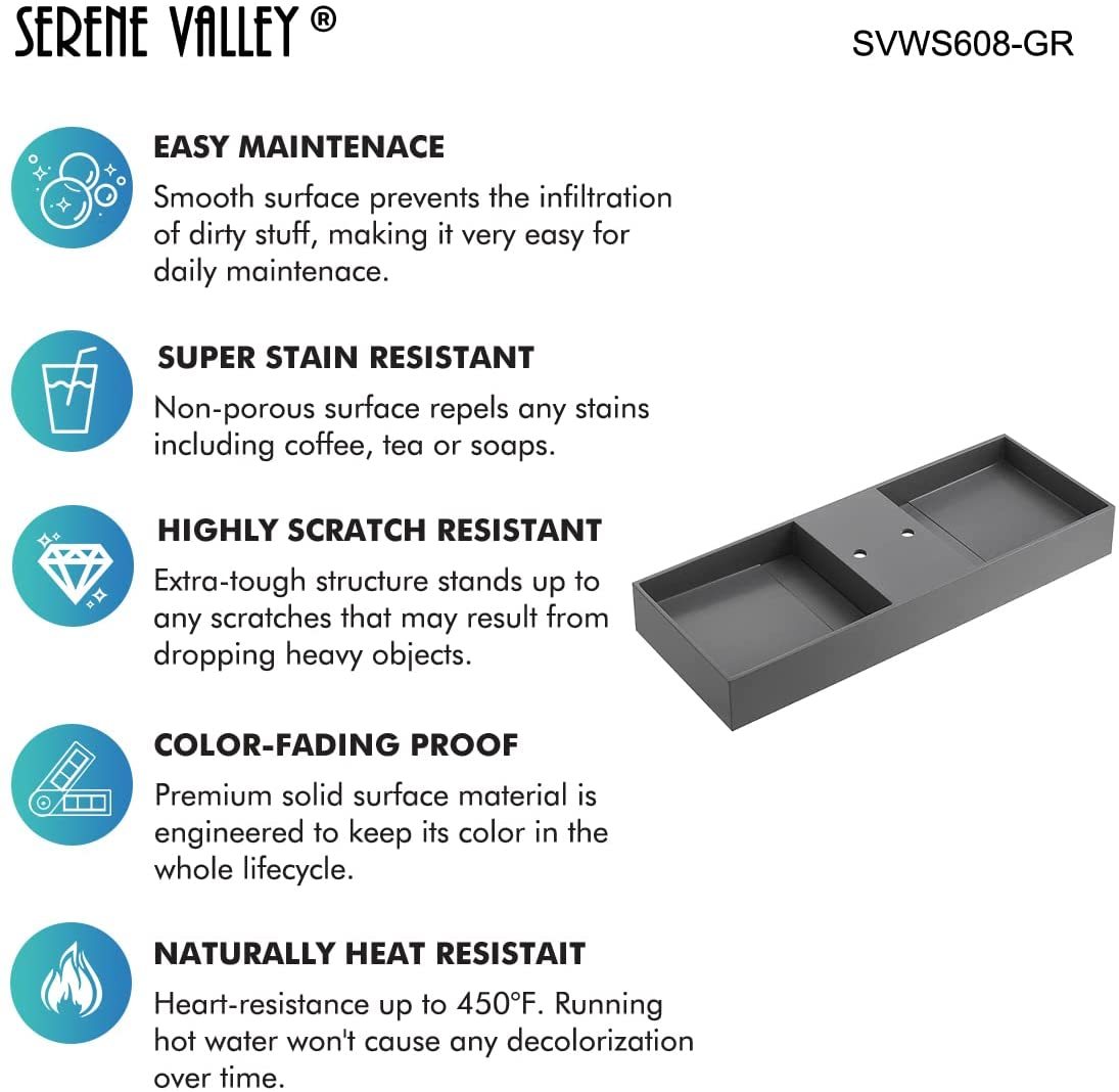 Serene Valley Floating or Countertop Bathroom Double Sink, Two Faucet Holes with Hidden Drain Design, 40" Solid Surface Material in Matte Gray, SVWS608-40GR-Serene Valley