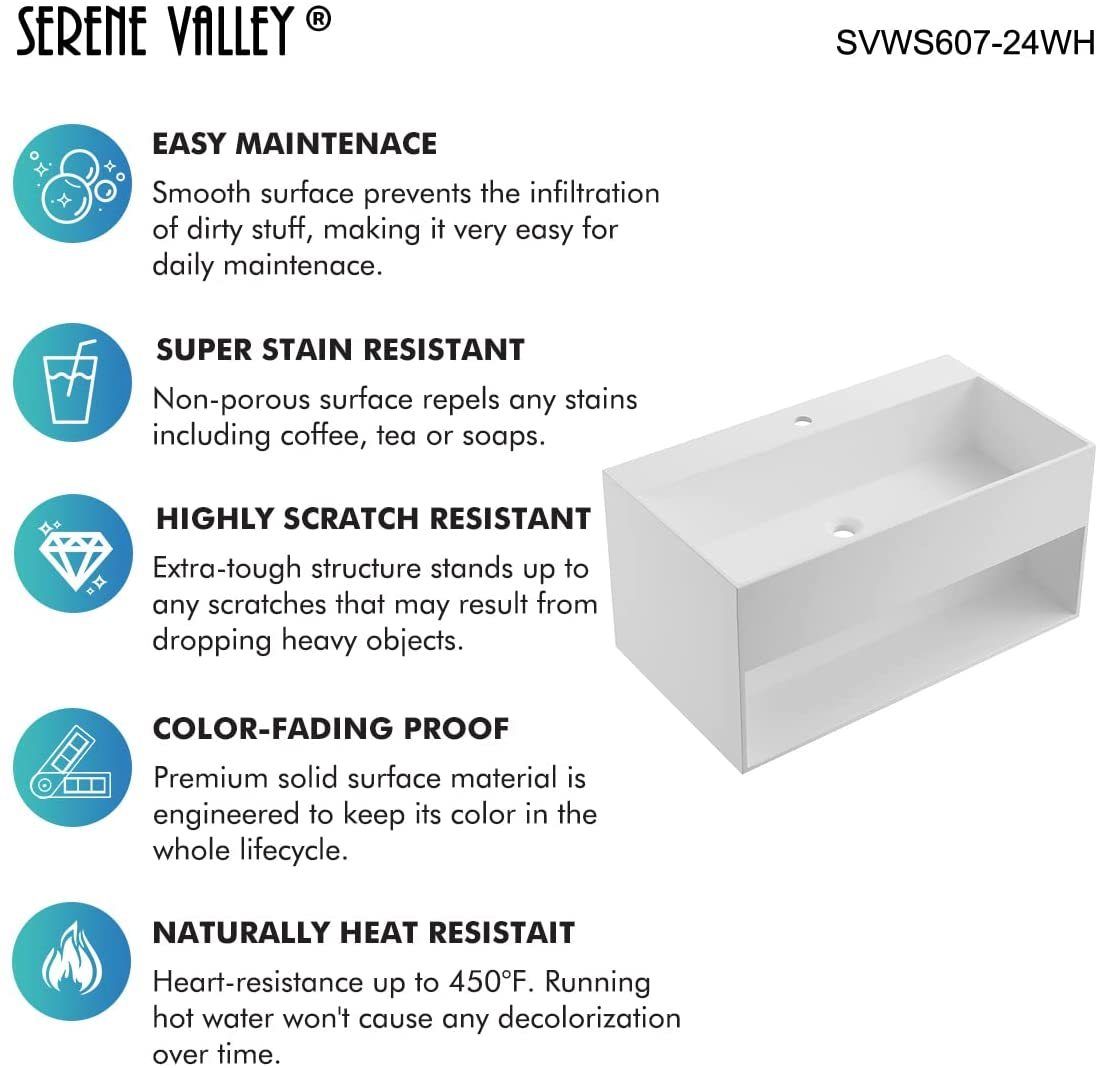 Serene Valley Bathroom Floating Vanity, 24" Wall-Mount Sink with Built-in Towel Space, Solid Surface Material in Matte Gray, SVWS607-24GR-Serene Valley