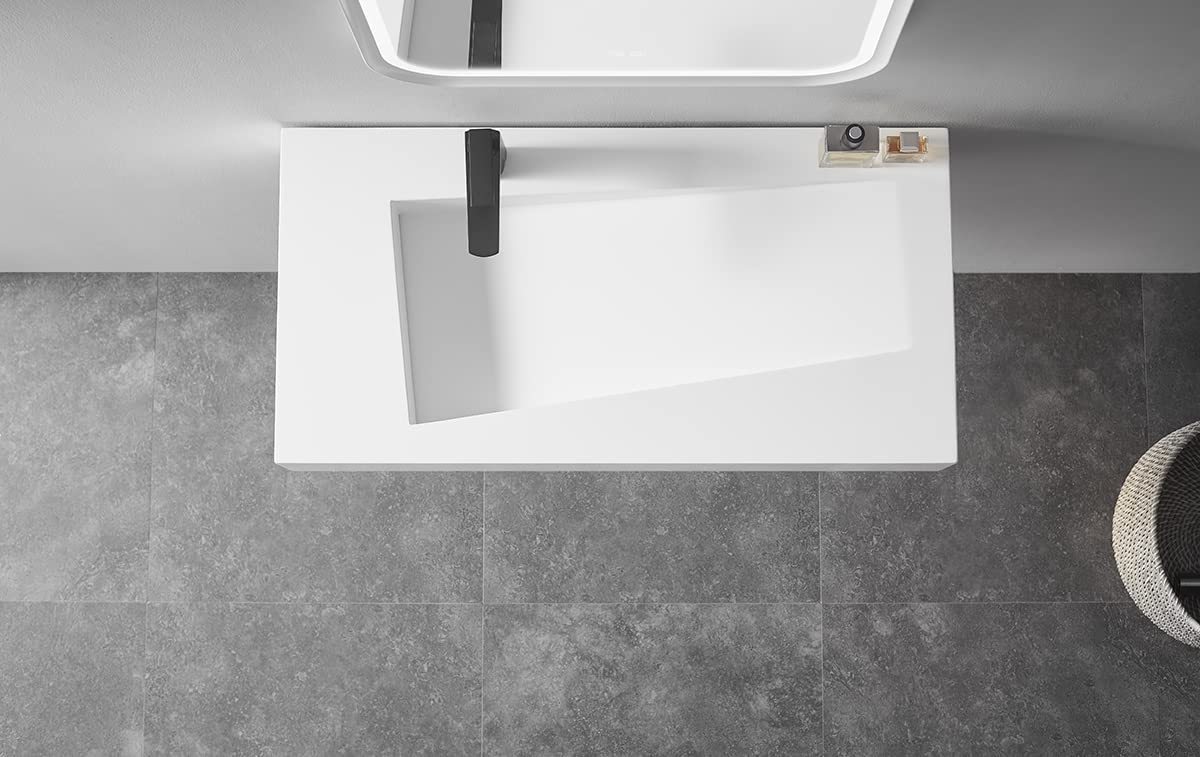 Serene Valley Floating or Countertop Bathroom Sink, Unique Diamond Sink with Hidden Drain, 36" Solid Surface Material in Matte White, SVWS610-36WH-Serene Valley