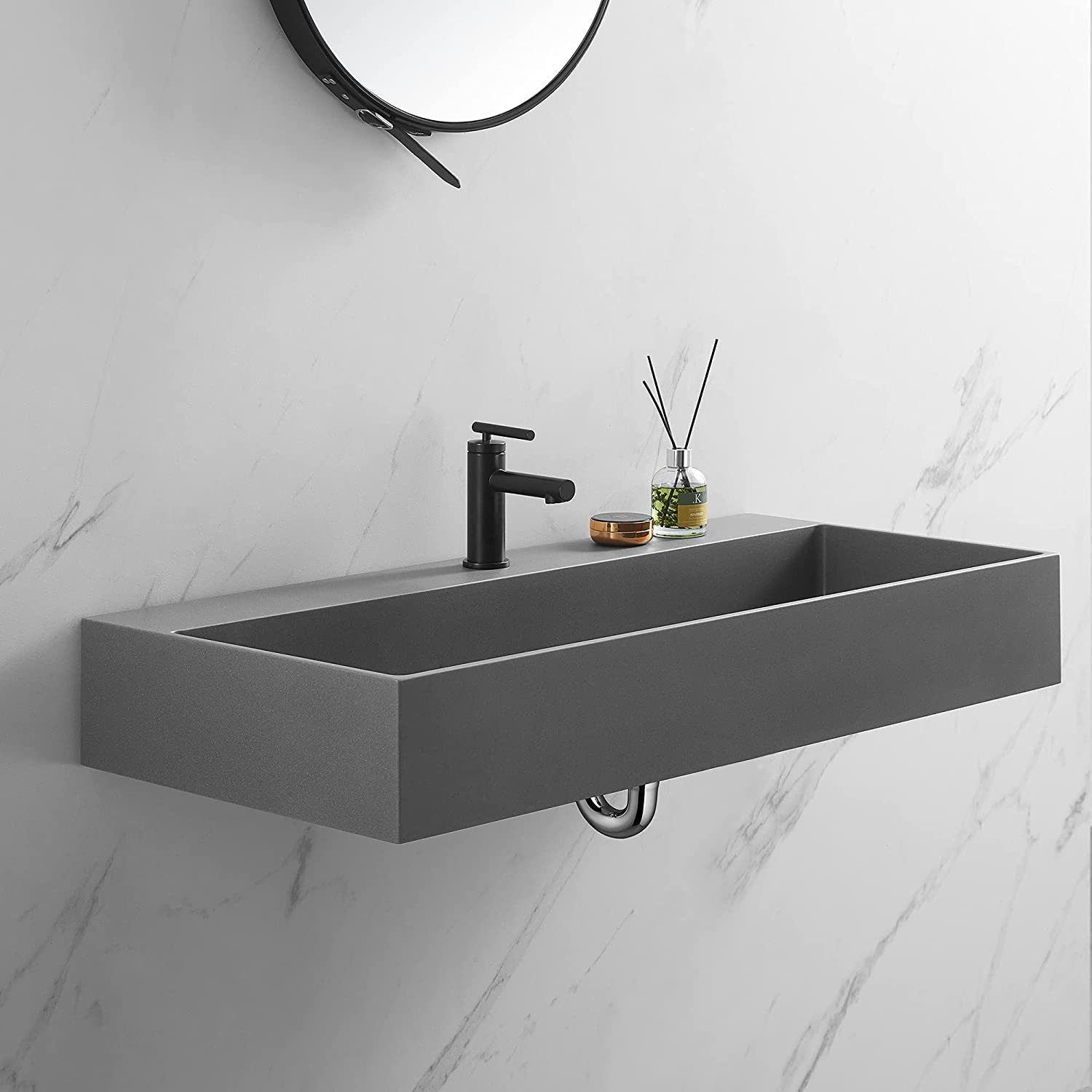 Serene Valley Bathroom Sink, Wall-Mount Install or On Countertop, 47" with Single Faucet Hole, Premium Granite Material in Matte Gray-Serene Valley