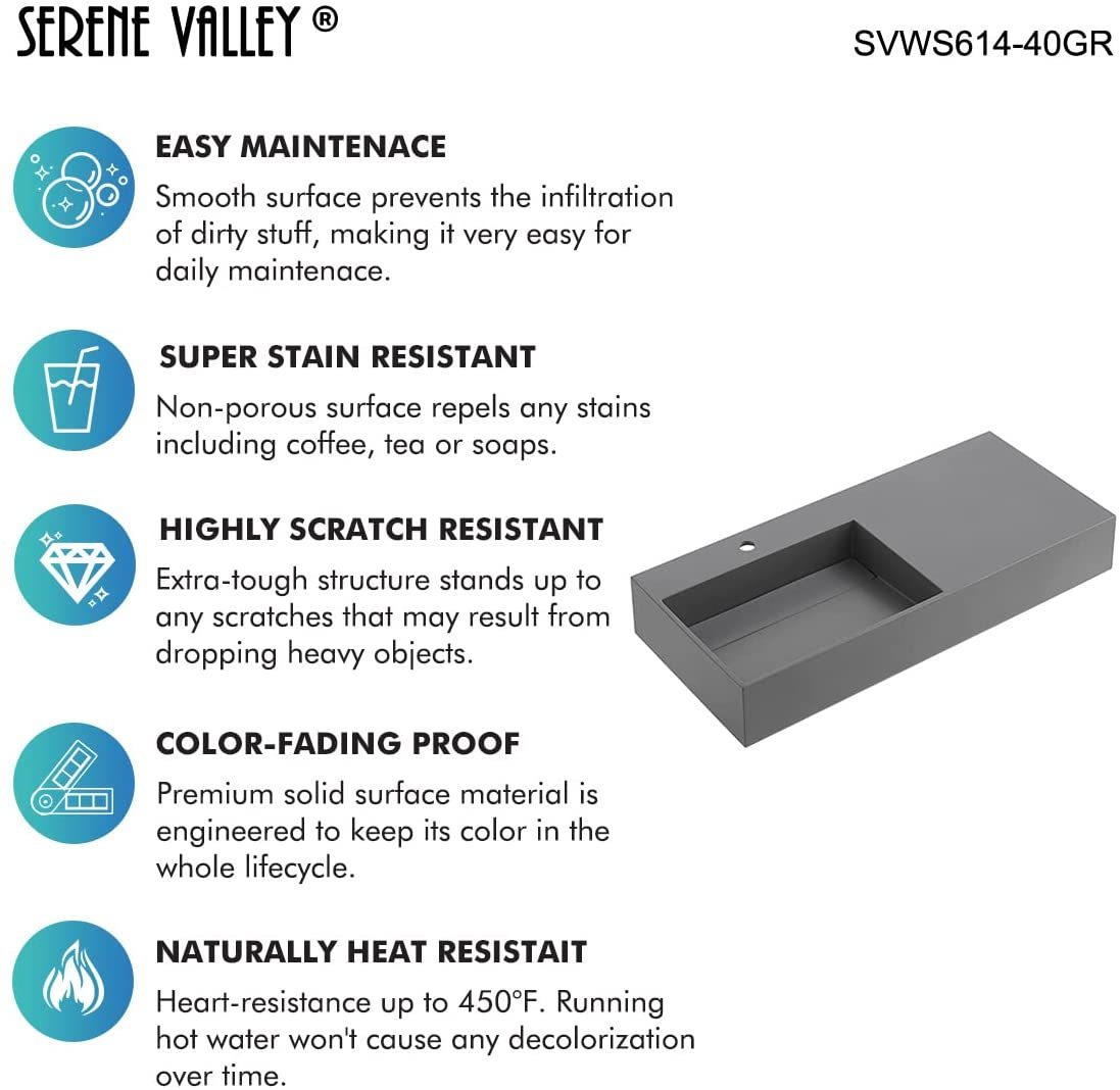 Serene Valley Floating or Countertop Bathroom Sink, Large Square Sink with Hidden Drain, 40" Solid Surface Material in Matte Gray, SVWS614-40GR-Serene Valley
