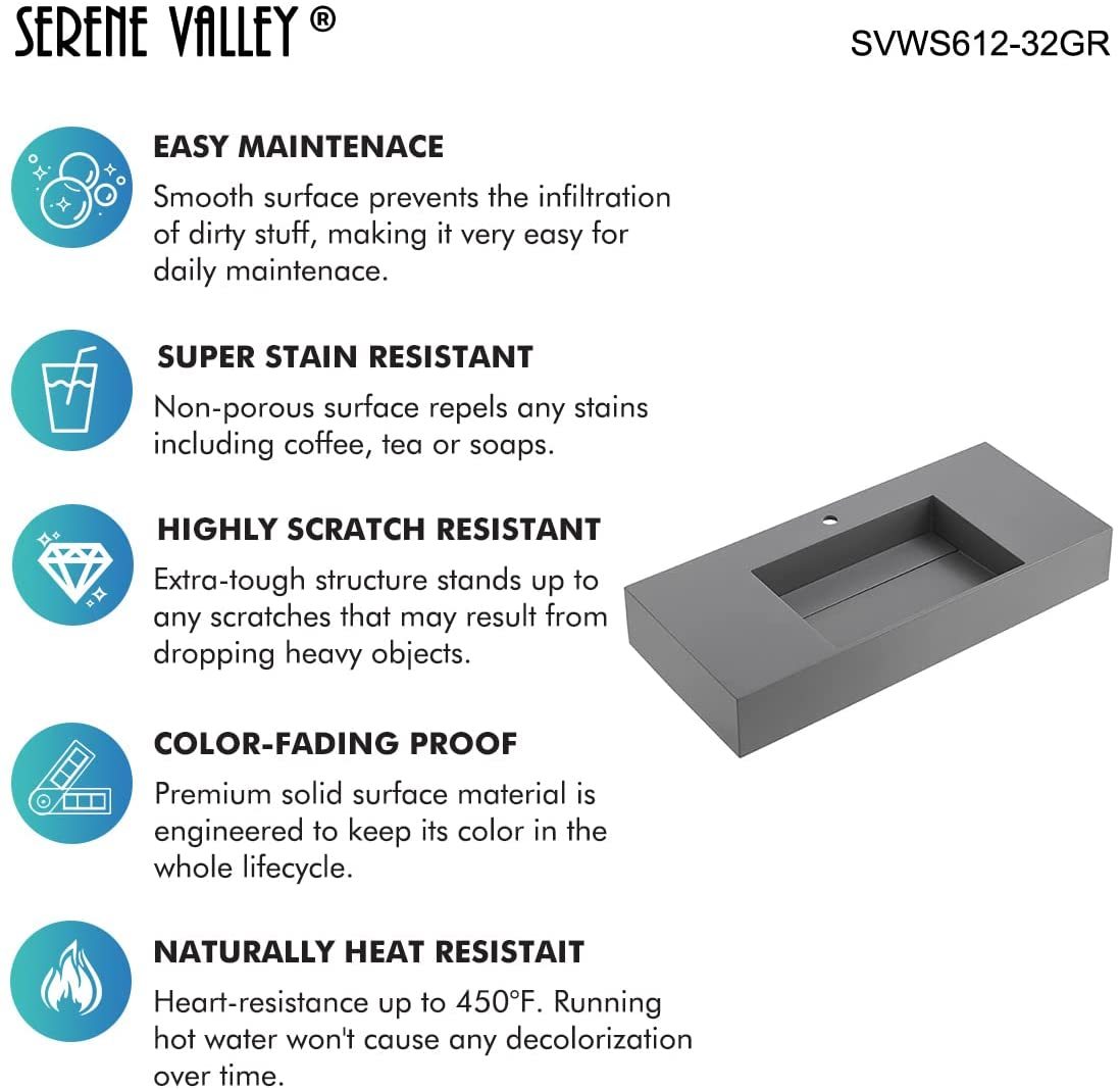Serene Valley Floating or Countertop Bathroom Sink, Classic Square Sink with Hidden Drain Design, 32" Solid Surface Material in Matte GR, SVWS612-32GR-Serene Valley