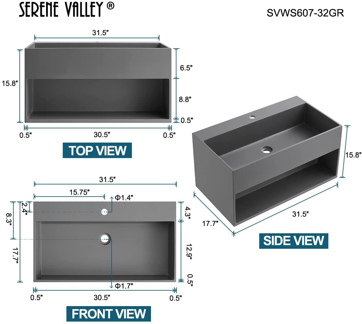 Serene Valley Bathroom Floating Vanity, 32" Wall-Mount Sink with Built-in Towel Space, Solid Surface Material in Matte Gray, SVWS607-32GR-Serene Valley