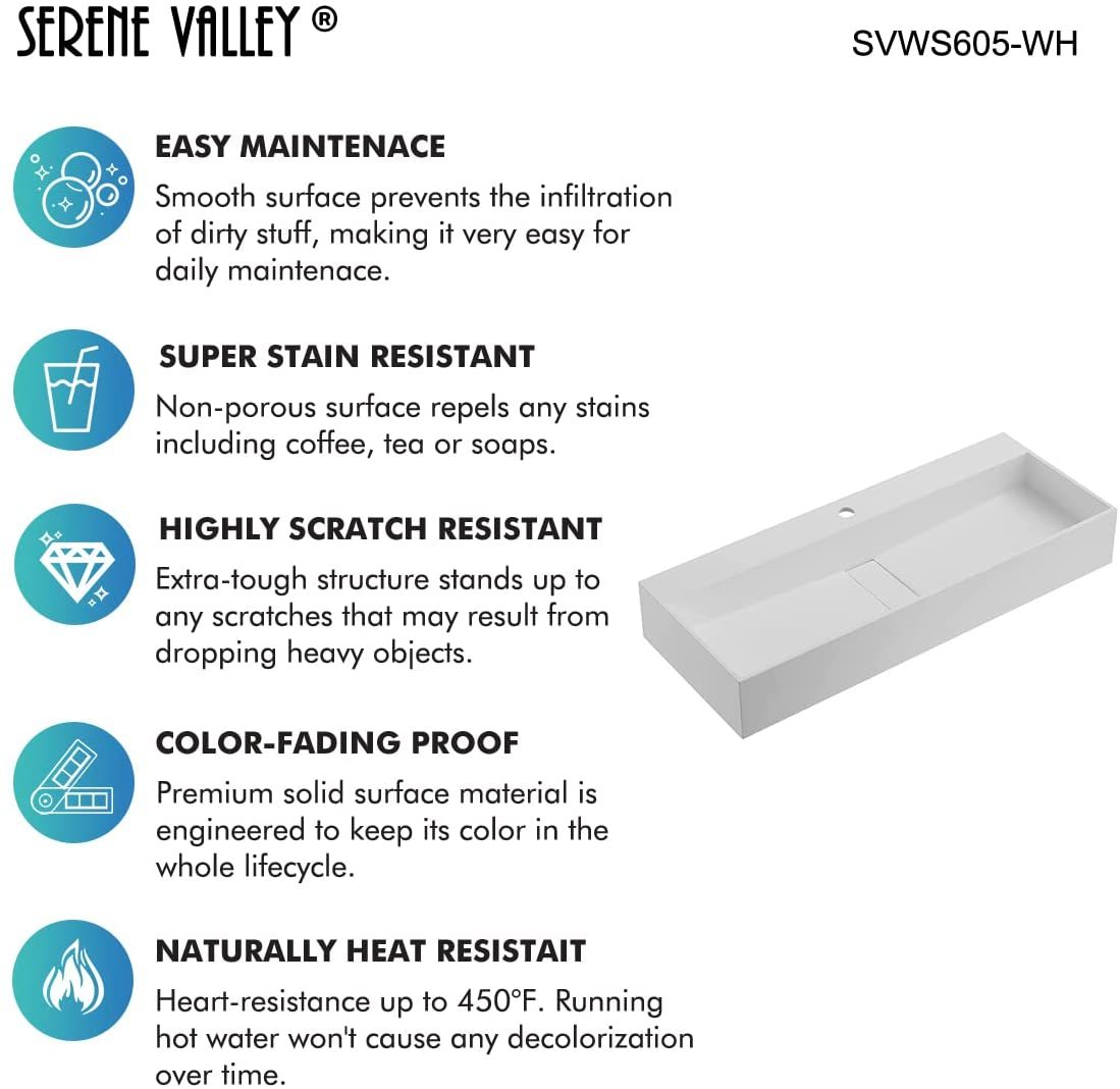 Serene Valley 47" Floating or Countertop Bathroom Sink, Double Faucet Holes with Hidden Drain, Solid Surface Material in Matte White, SVWS605-47WH-Serene Valley