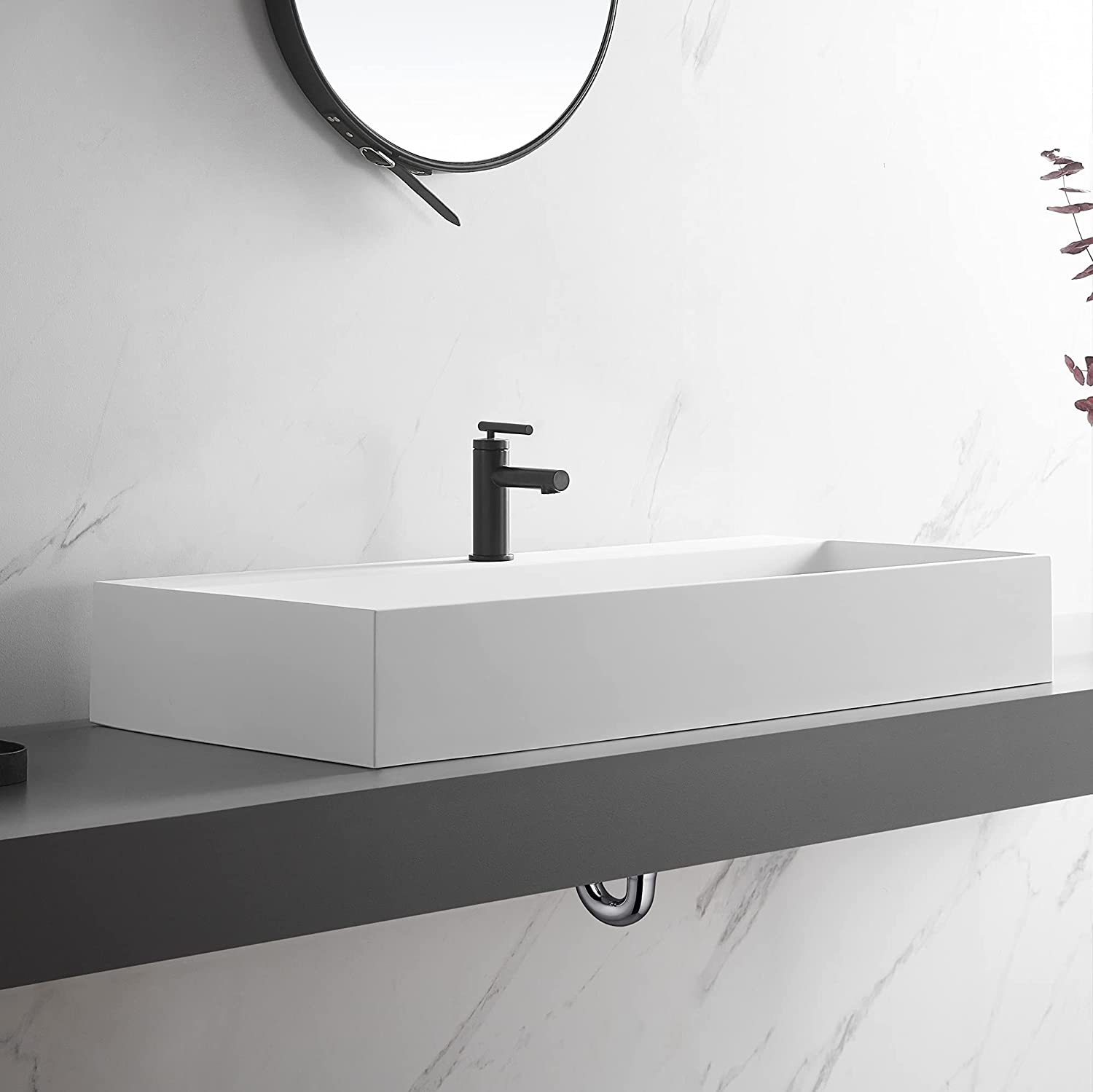 Serene Valley Bathroom Sink, Wall-Mount Install or On Countertop, 47" with Single Faucet Hole, Solid Surface Material for Max Elegance-Serene Valley