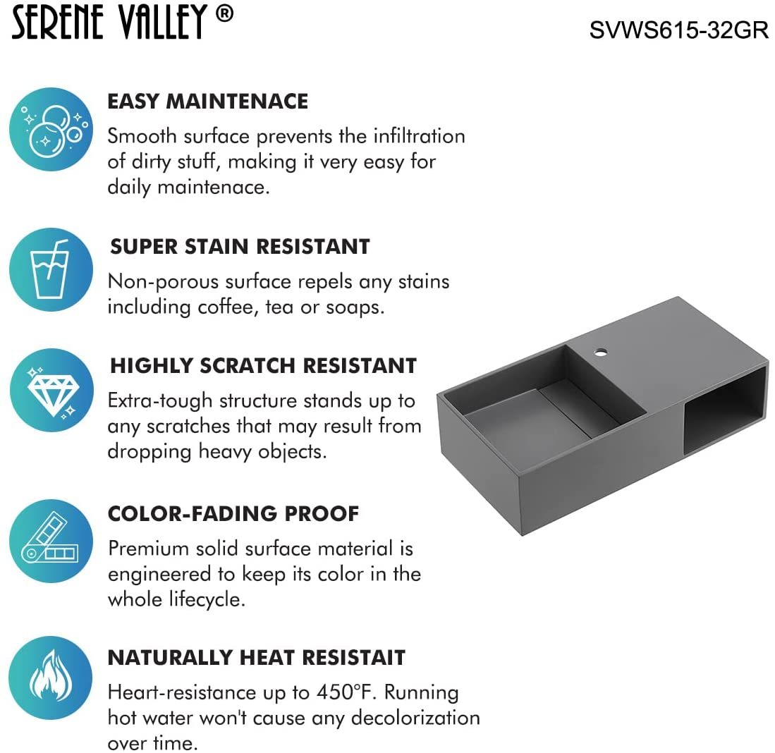 Serene Valley Bathroom Floating Vanity, 32" Wall-Mount Sink with Side Faucet and Storage Space, Solid Surface Material in Matte Gray, SVWS615-32GR-Serene Valley