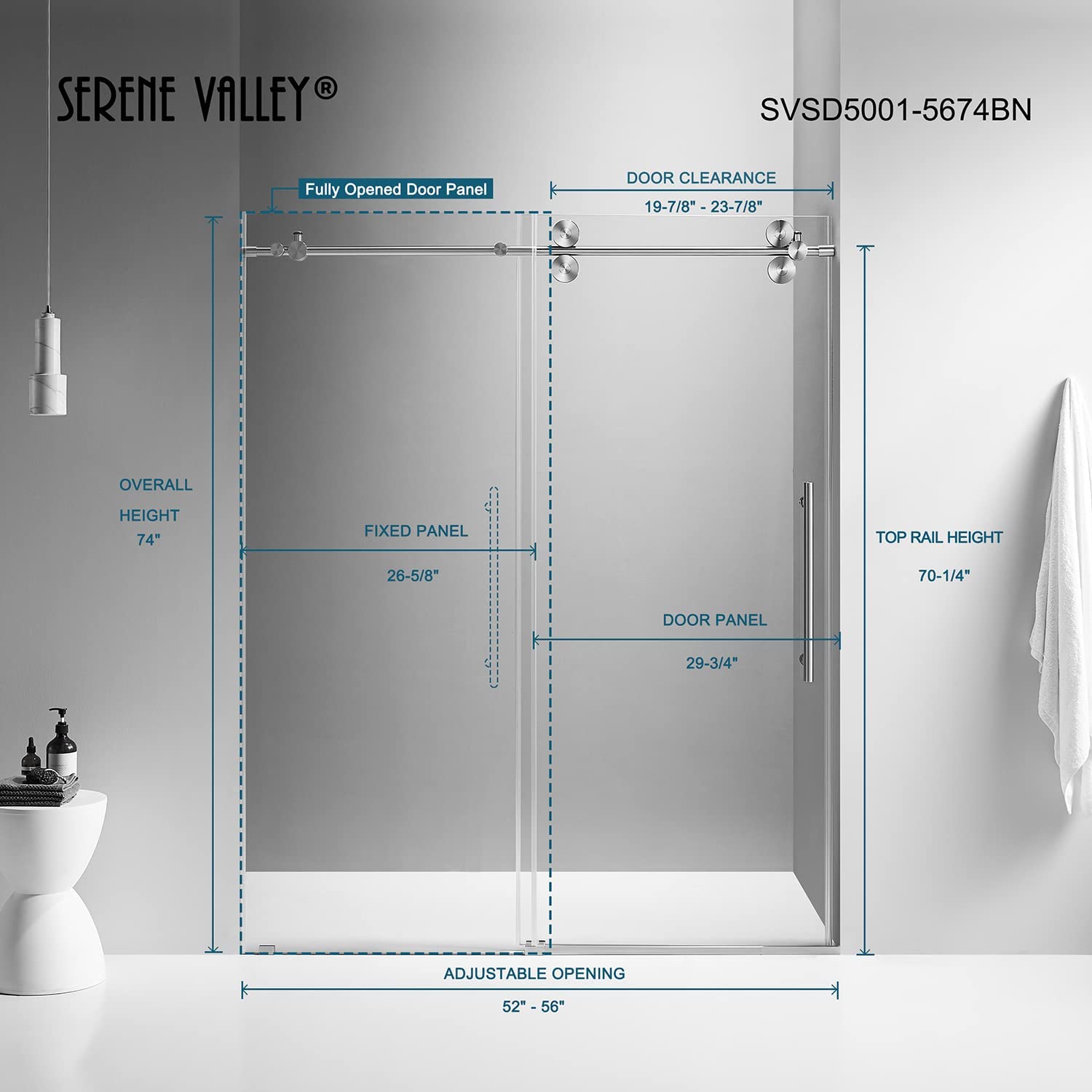 Serene Valley SVSD5001-5674BN Big Roller Frameless Sliding Shower Door - Superclear 3/8" Tempered Glass - 304 Stainless Steel Hardware in Brushed Nickel 52"- 56"W x 74"H-Serene Valley