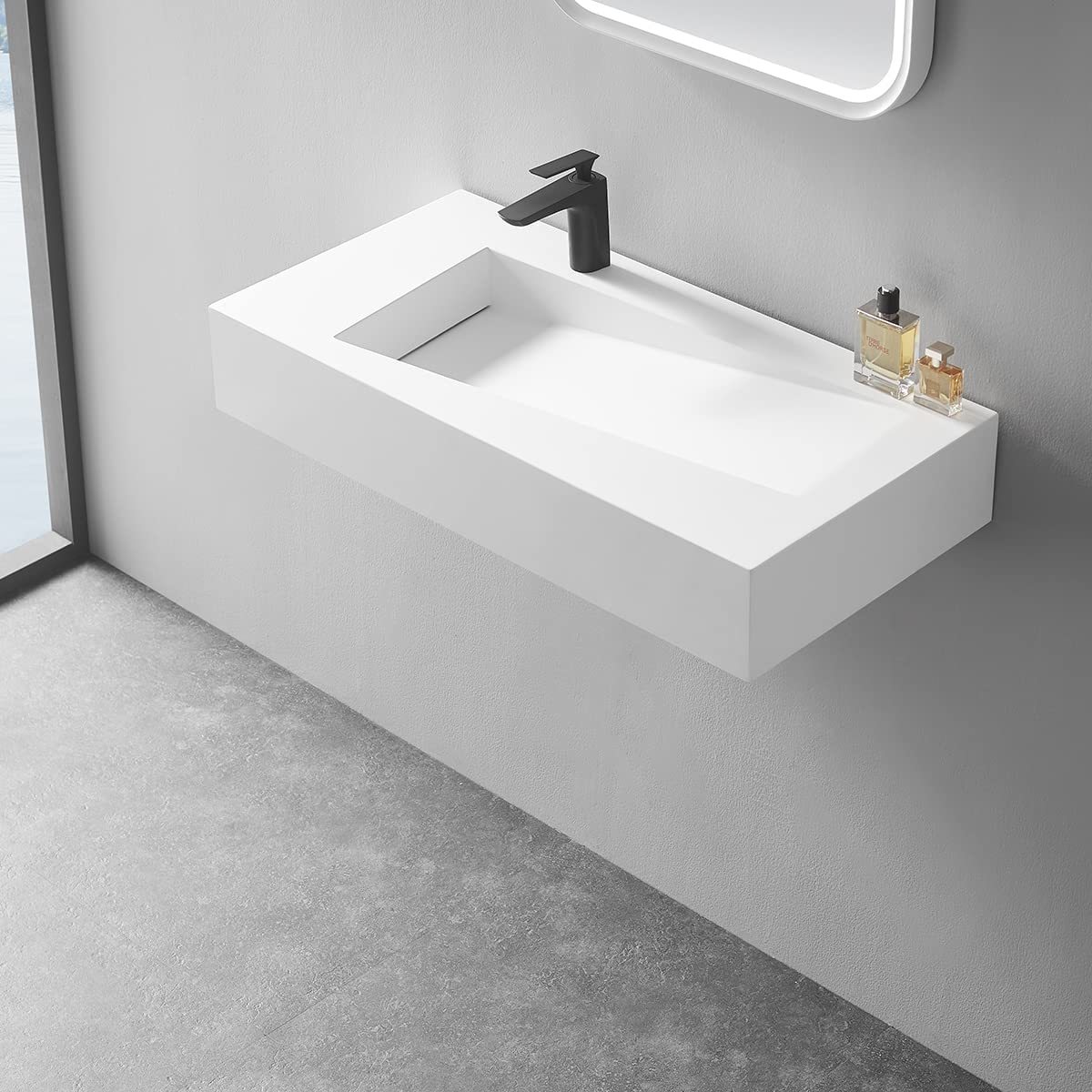 Serene Valley Floating or Countertop Bathroom Sink, Unique Diamond Sink with Hidden Drain, 36" Solid Surface Material in Matte White, SVWS610-36WH-Serene Valley
