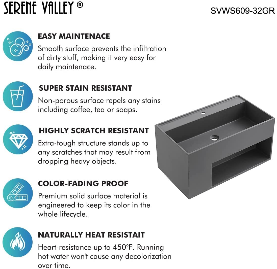 Serene Valley Bathroom Floating Vanity, 32" Wall-Mount Sink with Large Storage Space and Pop-Up Strainer, Solid Surface Material in Matte Gray, SVWS609-32GR-Serene Valley