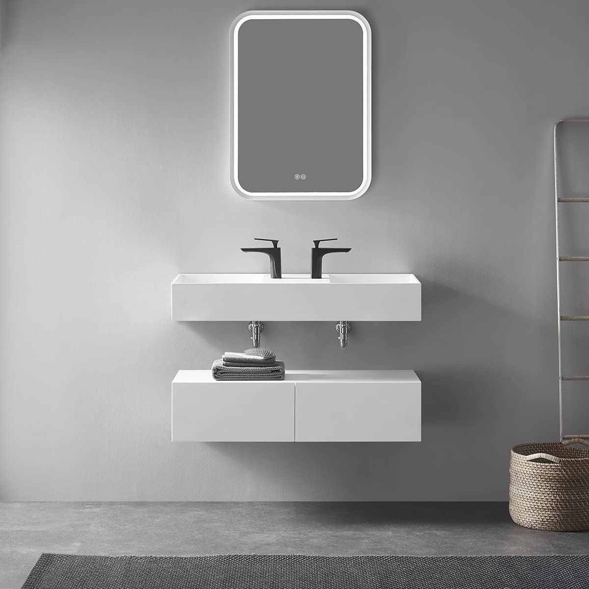 Serene Valley Floating or Countertop Bathroom Double Sink, Two Faucet Holes with Hidden Drain Design, 47" Solid Surface Material in Matte White, SVWS608-47WH-Serene Valley