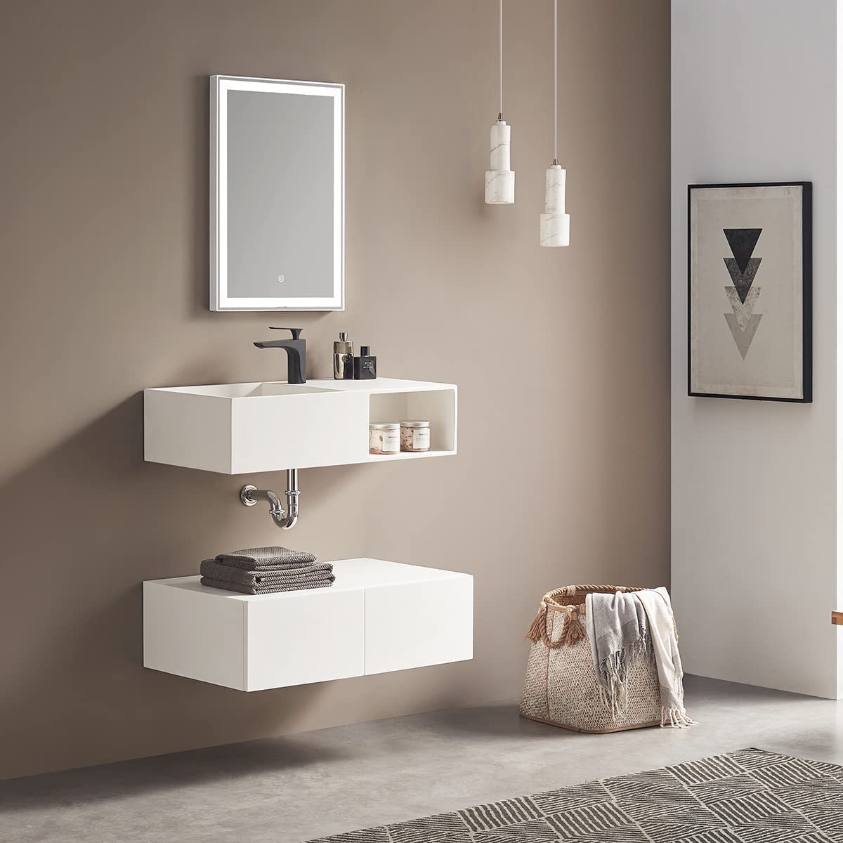 Serene Valley Bathroom Floating Vanity, 32" Wall-Mount Sink with Side Faucet and Storage Space, Solid Surface Material in Matte White, SVWS615-32WH-Serene Valley