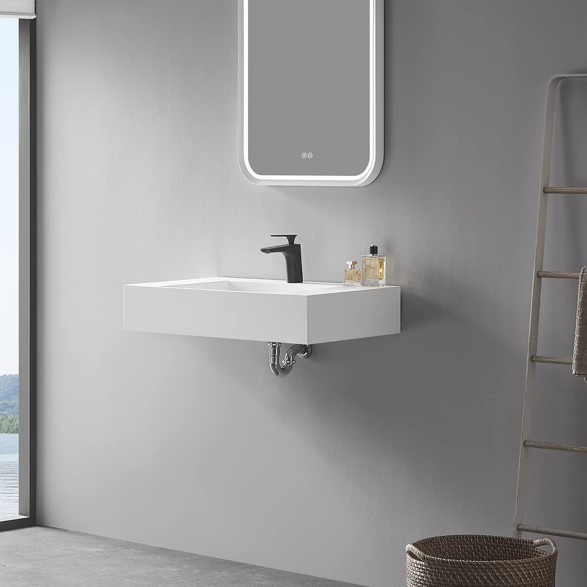 Serene Valley Floating or Countertop Bathroom Sink, Classic Square Sink with Hidden Drain Design, 32" Solid Surface Material in Matte White, SVWS612-32WH-Serene Valley
