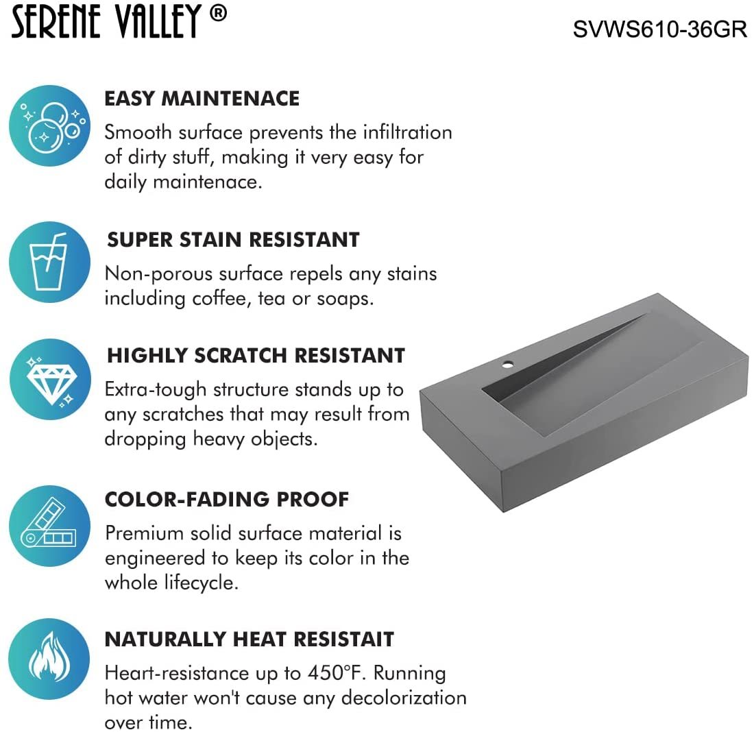 Serene Valley Floating or Countertop Bathroom Sink, Unique Diamond Sink with Hidden Drain, 36" Solid Surface Material in Matte Gray, SVWS610-36GR-Serene Valley